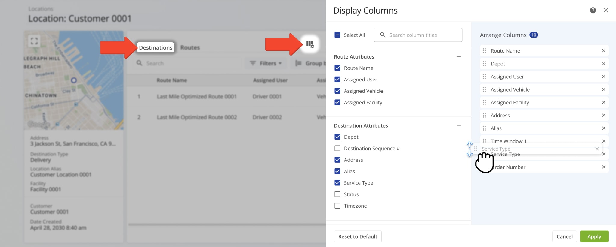 From the Routes tab, you can view all route-related data associated with the location.