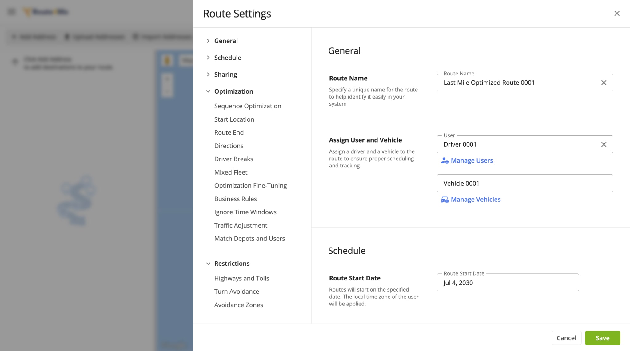 Customize route settings, optimization type, departure address, route scheduled start time, business rules, optimization constraints, and more.