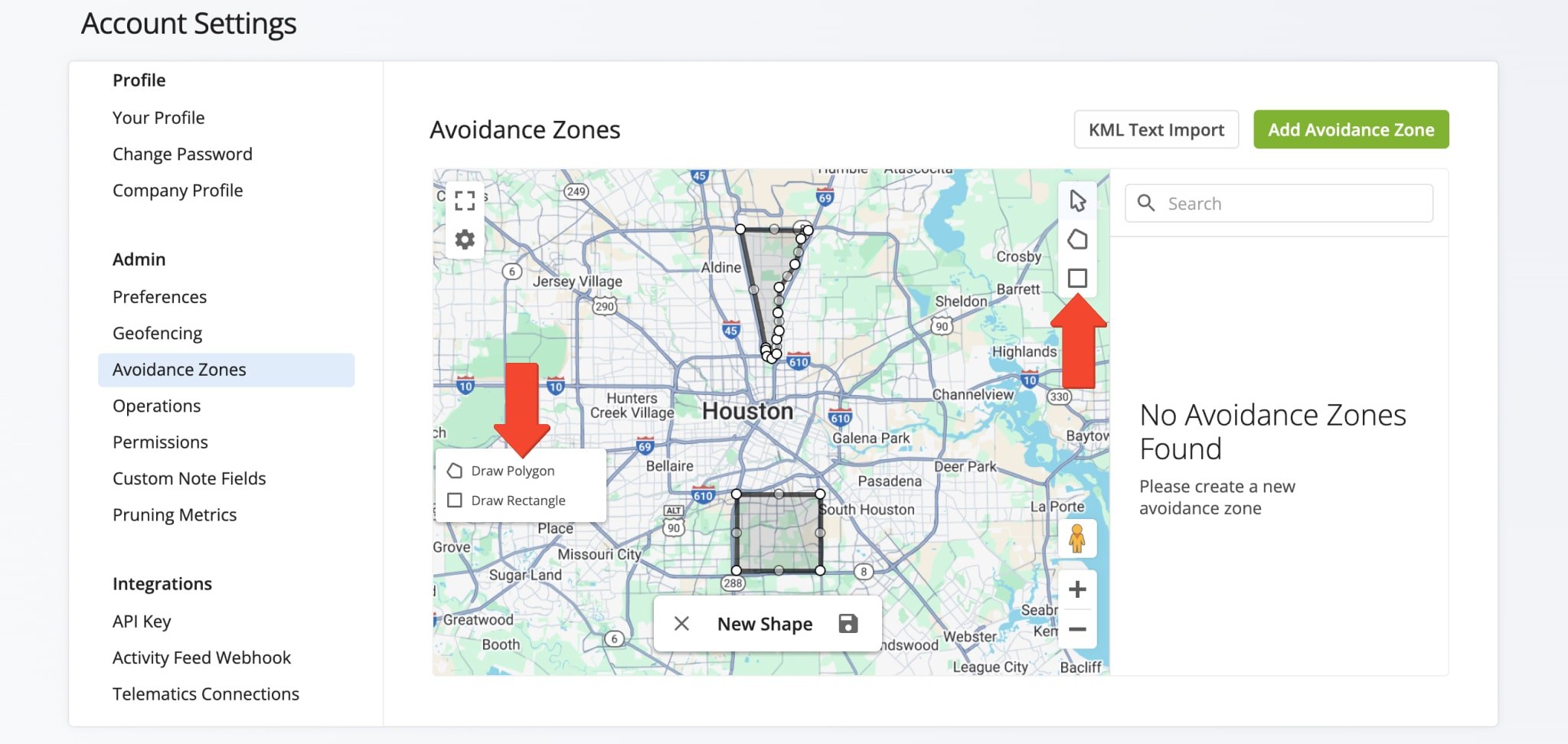 Define an Avoidance Zone by selecting a shape from the Shape Menu, repositioning the map with the arrow tool, and using a polygon or rectangle to mark the desired area.