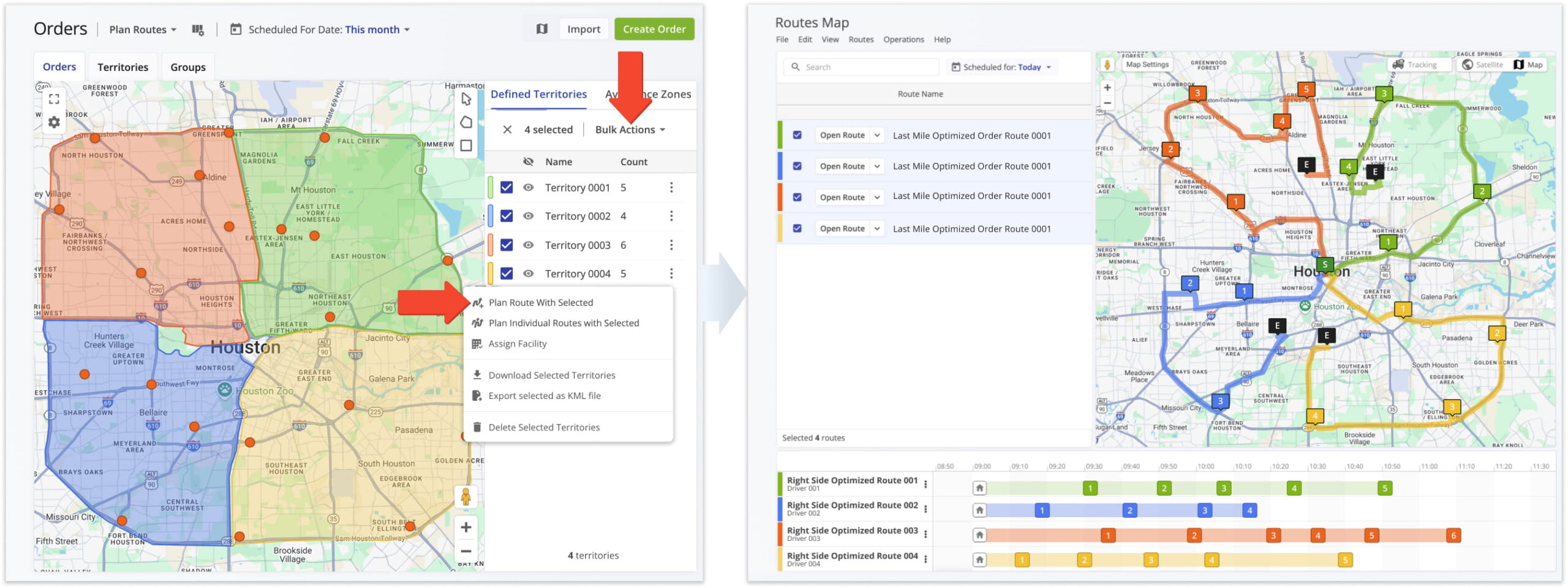 Select multiple Order Territories on the Orders Map and plan a single combined route with all orders from the selected territories.
