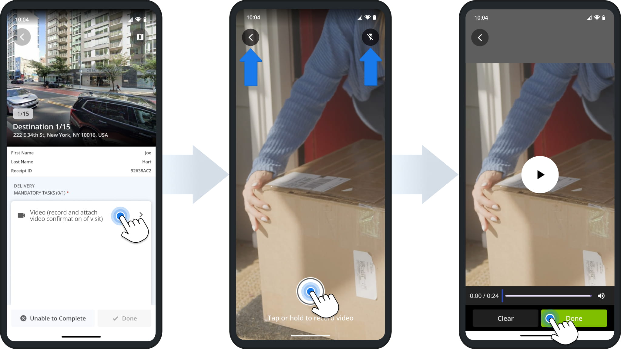 Route4Me driver app Video task: tapping the task, recording a video of the delivery, and tapping Done to attach the recording.