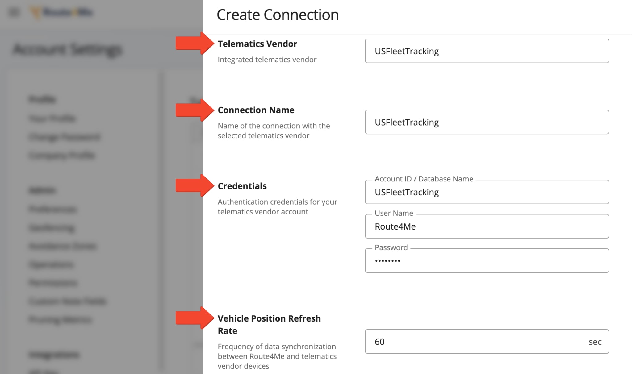 Add a connection by selecting USFleetTracking, entering a connection name, and setting the Vehicle Position Refresh Rate in the pop-up window.