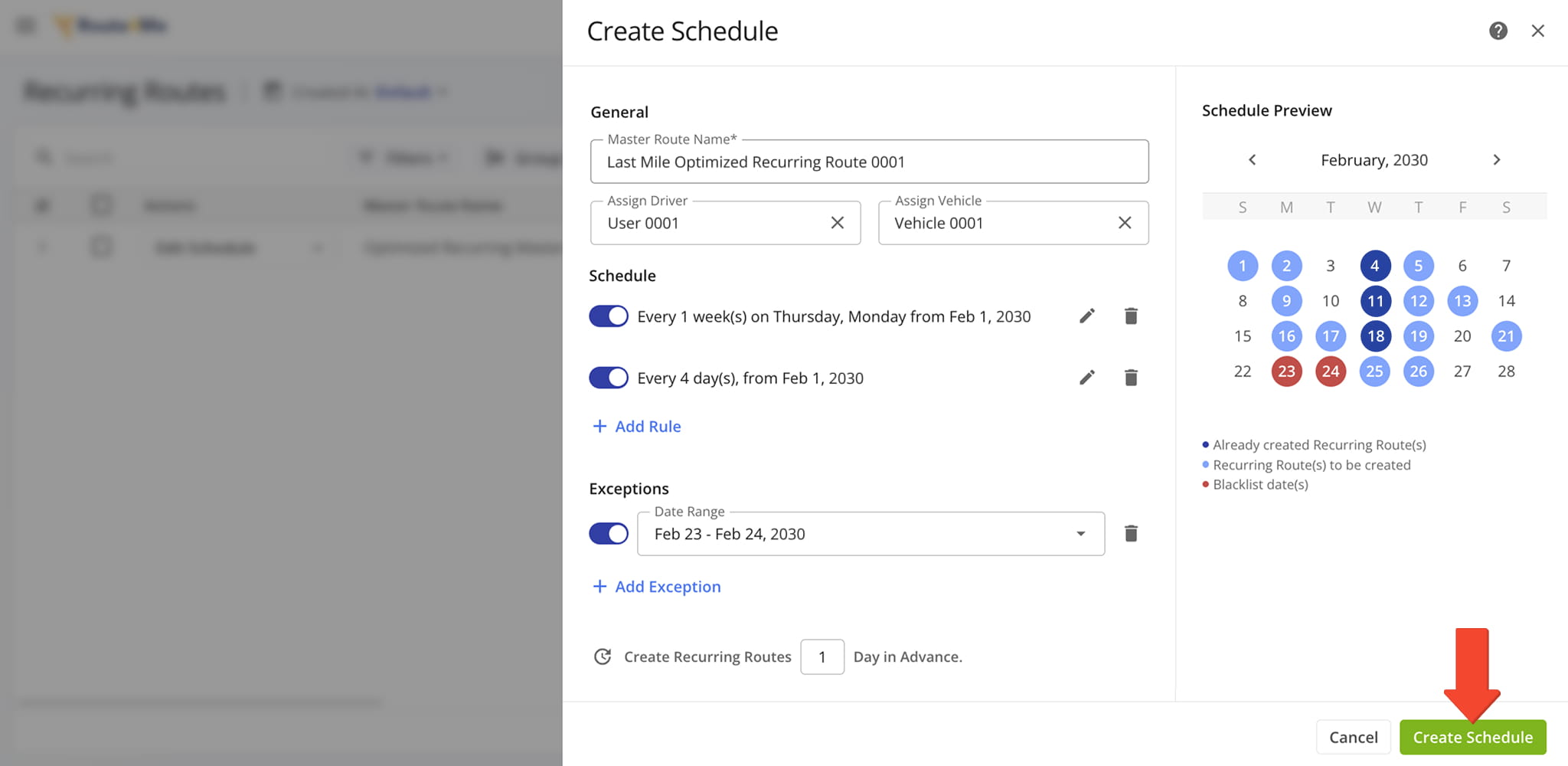 Use the Recurring Routes Schedule Editor to configure the schedule for recurring routing.