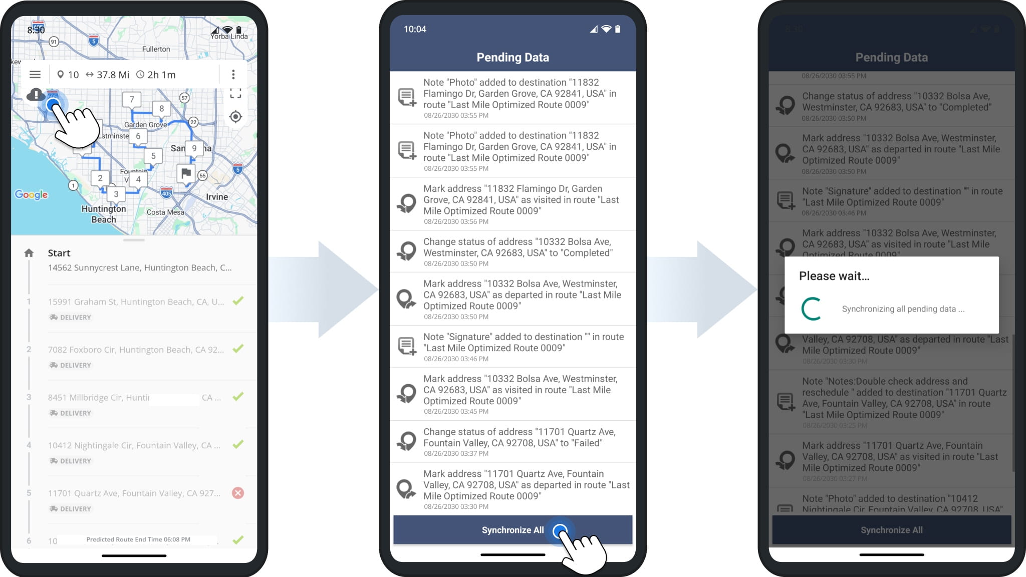 Manually synchronize pending data that includes route planner app activities executed offline with no internet connection.