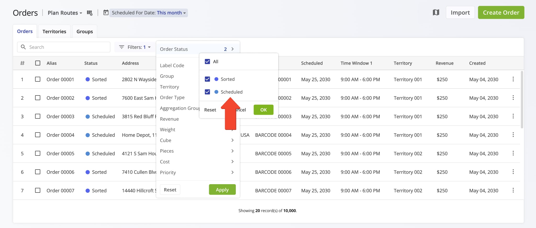 The 'Plan Routes' View Mode can only show 'Scheduled' and 'Sorted' orders because only orders with those statuses can be used to plan routes.