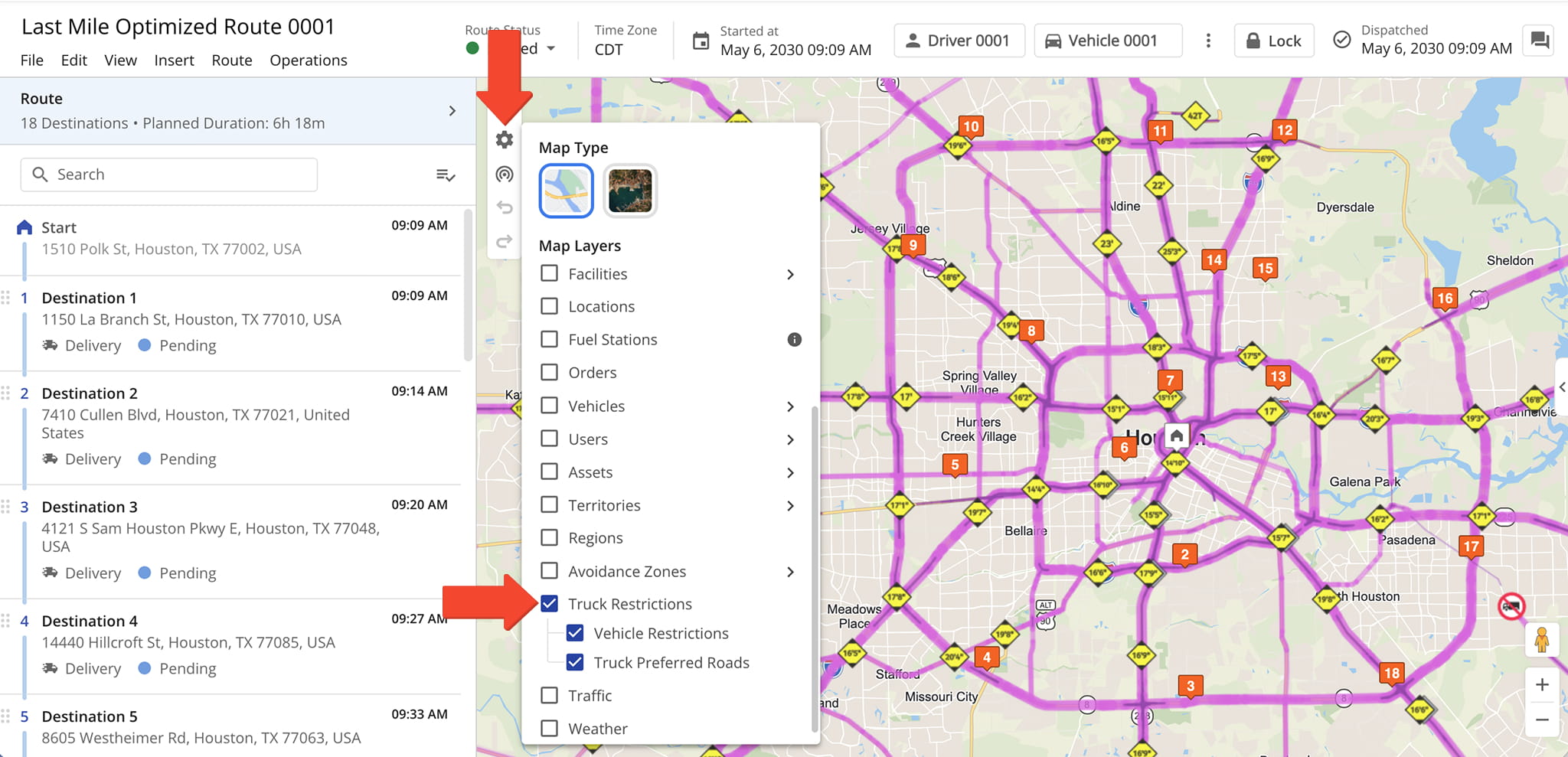View truck restricted and truck preferred roads on the Route Editor route map.