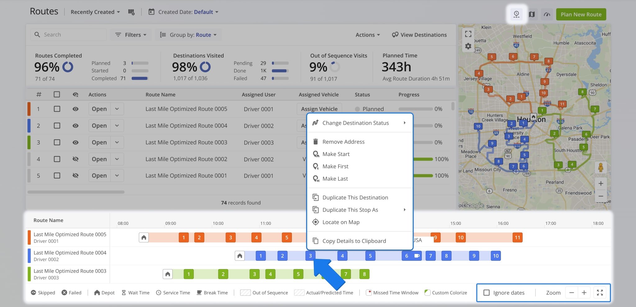Right-click any destination to change its status, adjust its sequence, duplicate it, or locate it on the map.