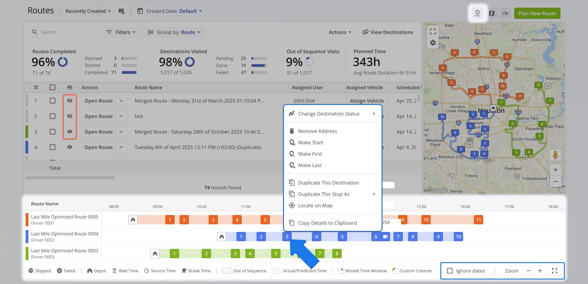 Right-click any destination to change its status, adjust its sequence, duplicate it, or locate it on the map.