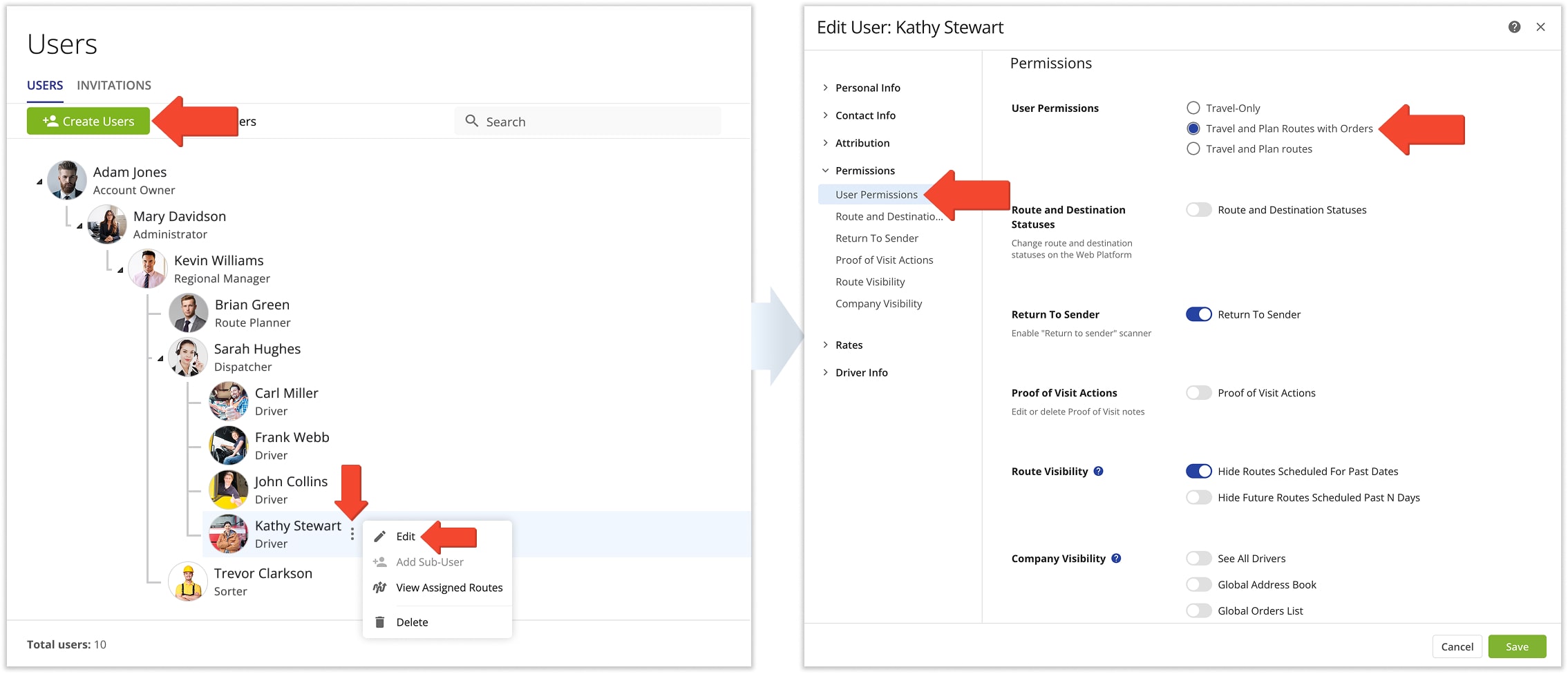 When the Grab & Go feature for scanning labels and barcodes to plan routes is enabled on your Route4Me account, you can adjust the associated User Permissions settings when you create a new user or edit an existing user.