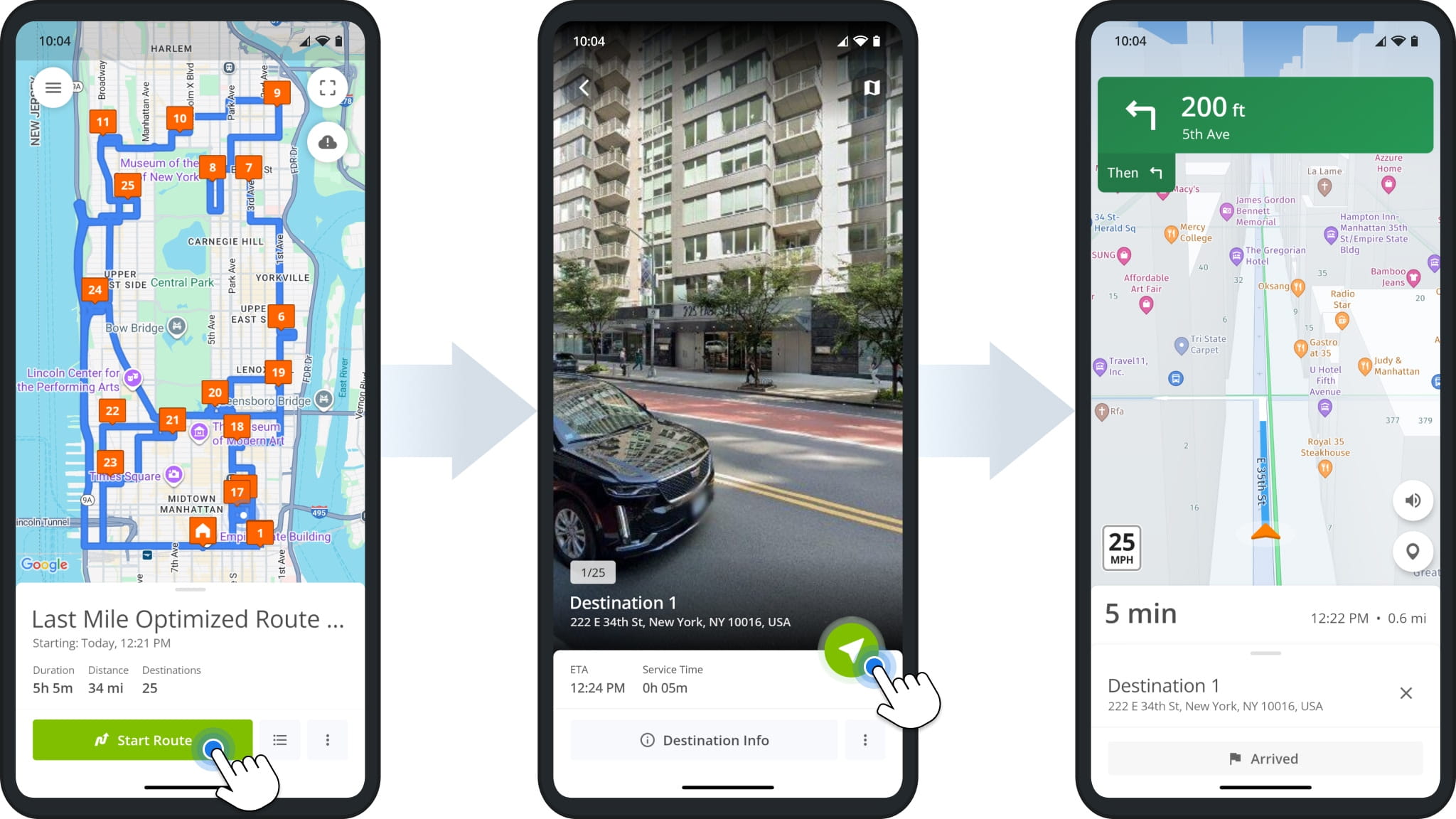 Start and navigate sequenced multi-address routes using Route4Me