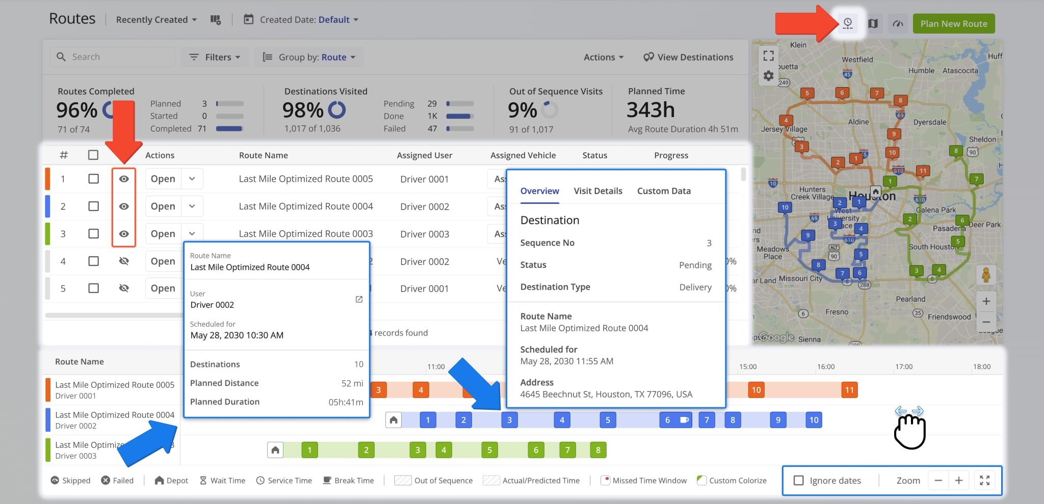 You can get an overview of the destination sequences of your selected routes according to their respective schedules with the Routes Timeline.