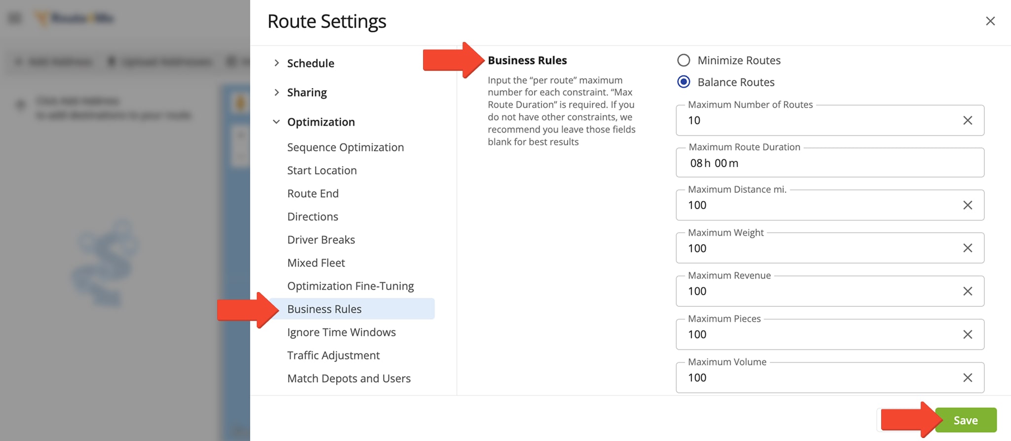 Business Rules and constraint settings when planning routes for Multiple Drivers with manual optimization settings.