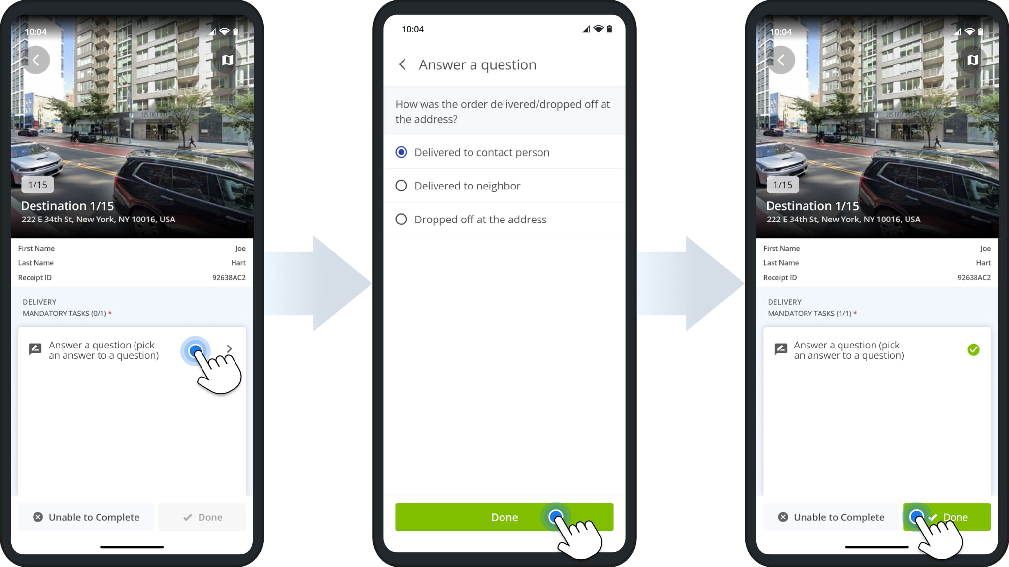 Route4Me driver app Answer a question task: tapping the task, selecting an answer to a multiple choice question, and tapping Done once the task is complete.