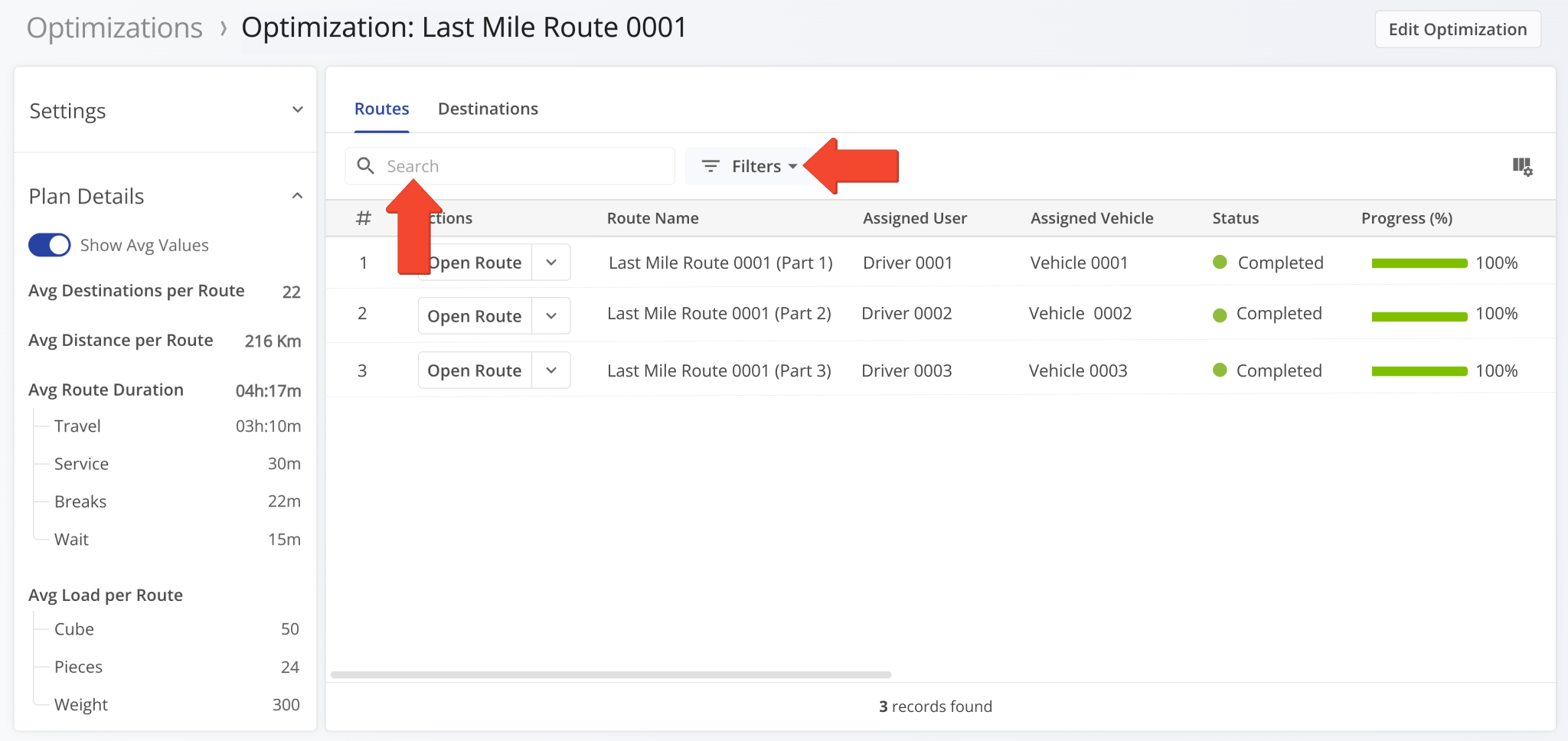 Use the Search field or Filters to quickly locate specific routes in the Optimization Snapshot based on selected parameters.