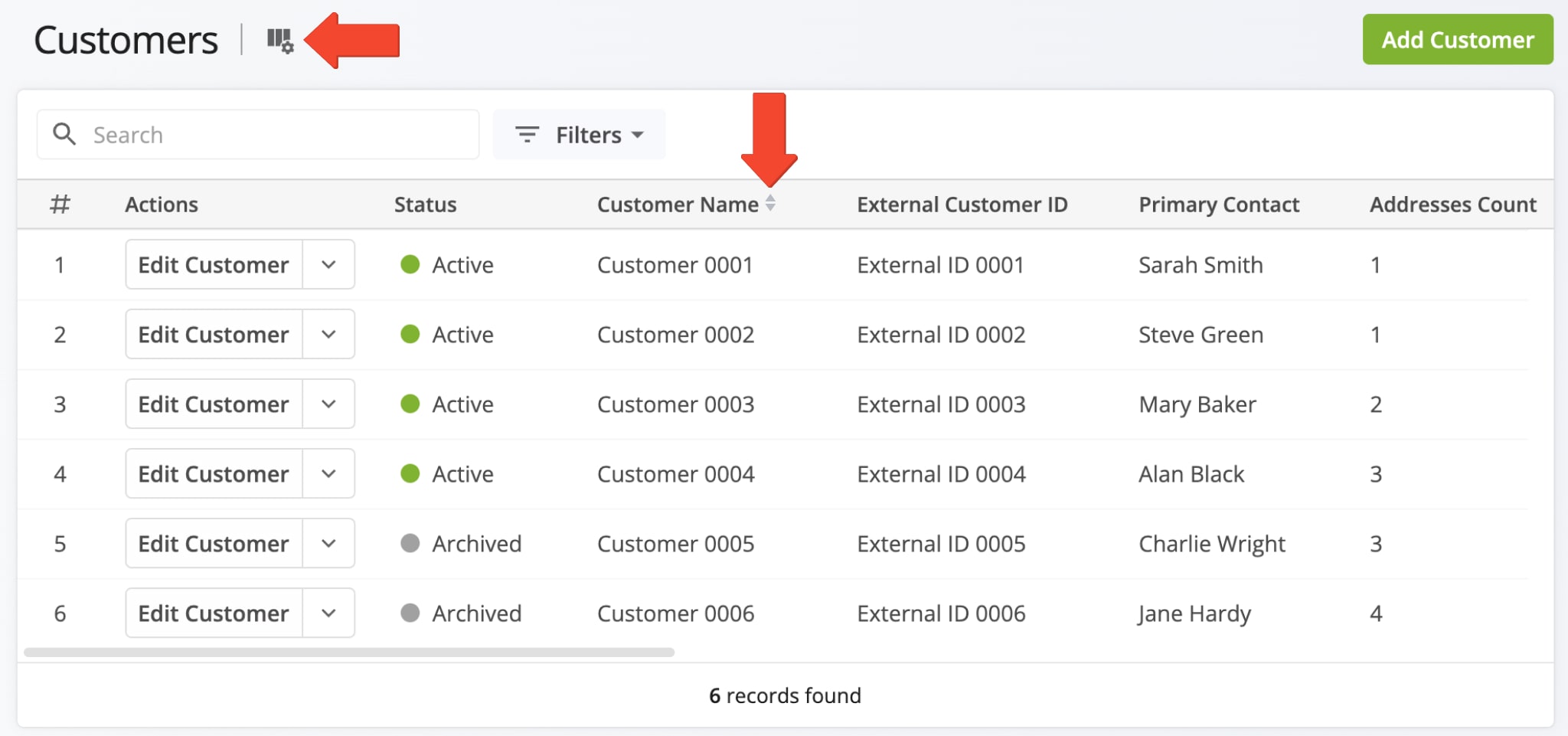 Adjust the order of data columns by clicking the Column Icon or use the Arrow Icon above a column to change the display order of the data.