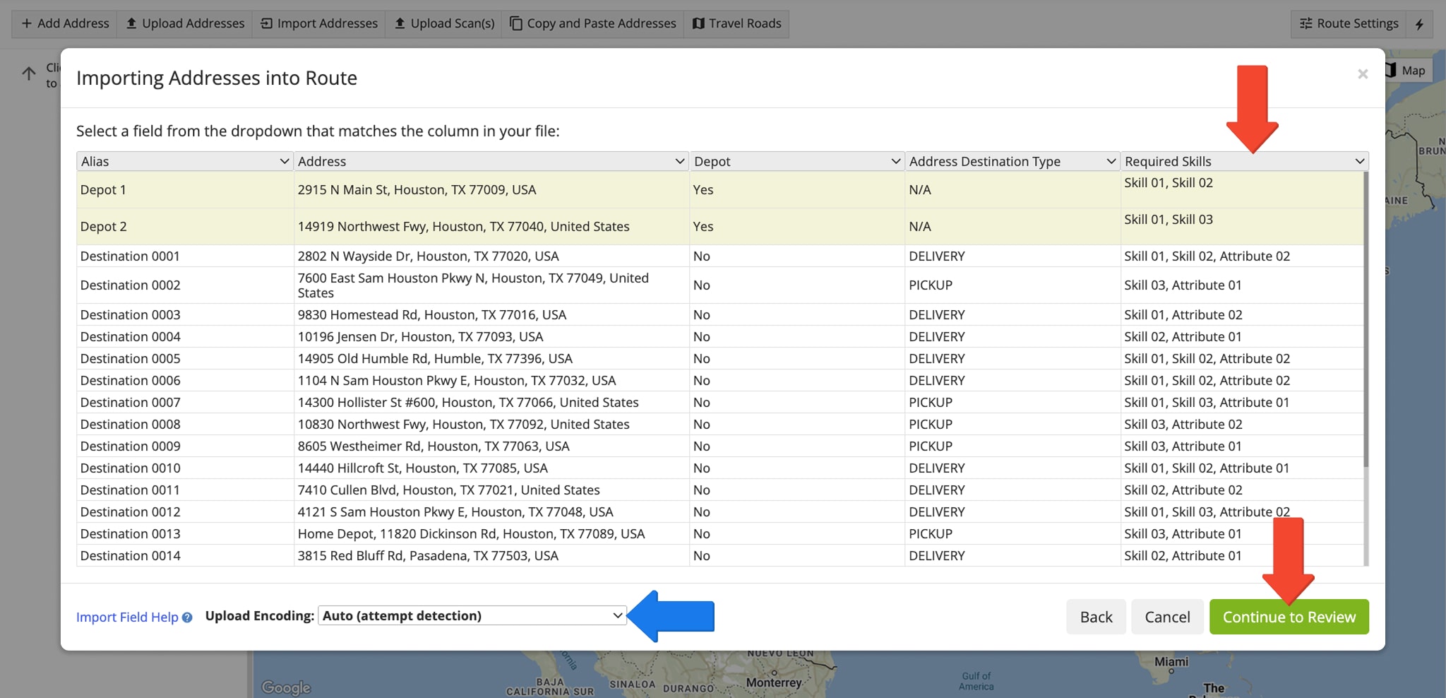 Verify your imported addresses with required skills custom data before validating addresses.