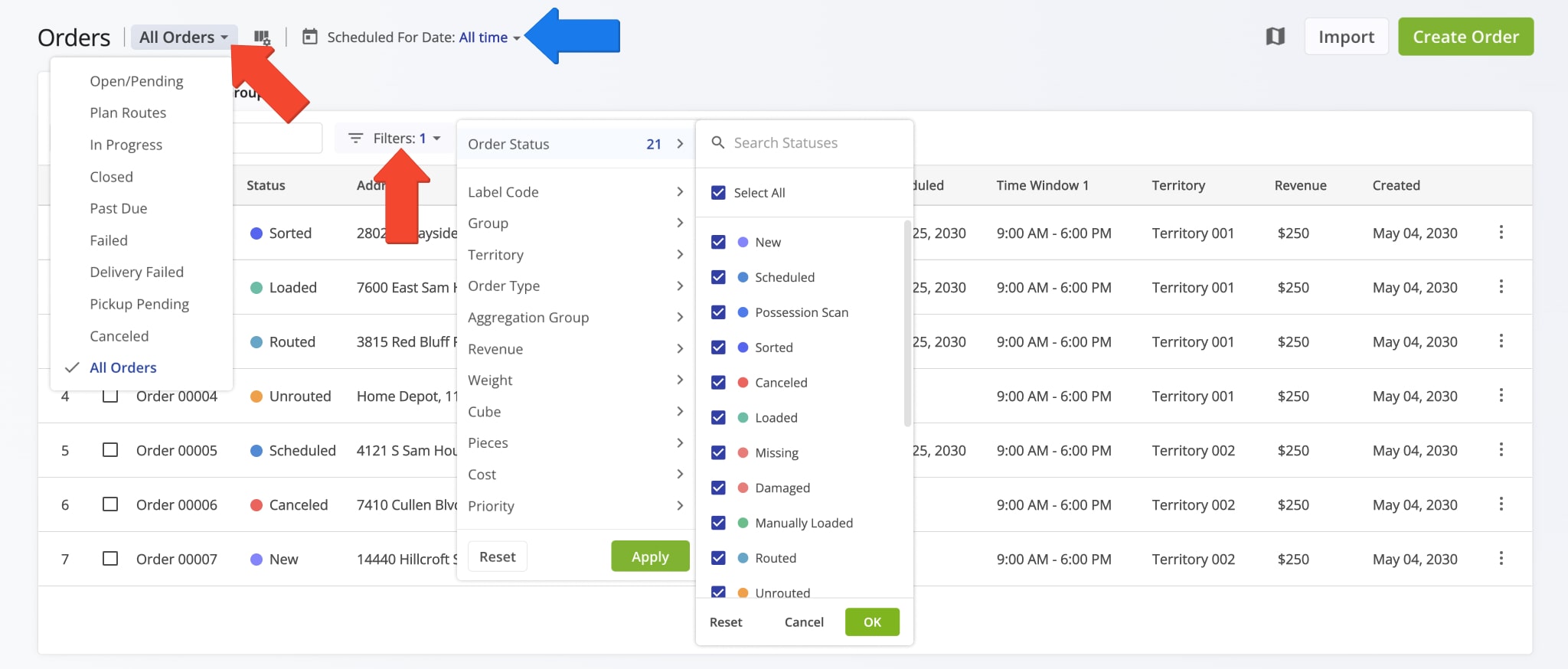 Orders List View Modes organize order statuses by function, helping users plan and manage routes with ease.
