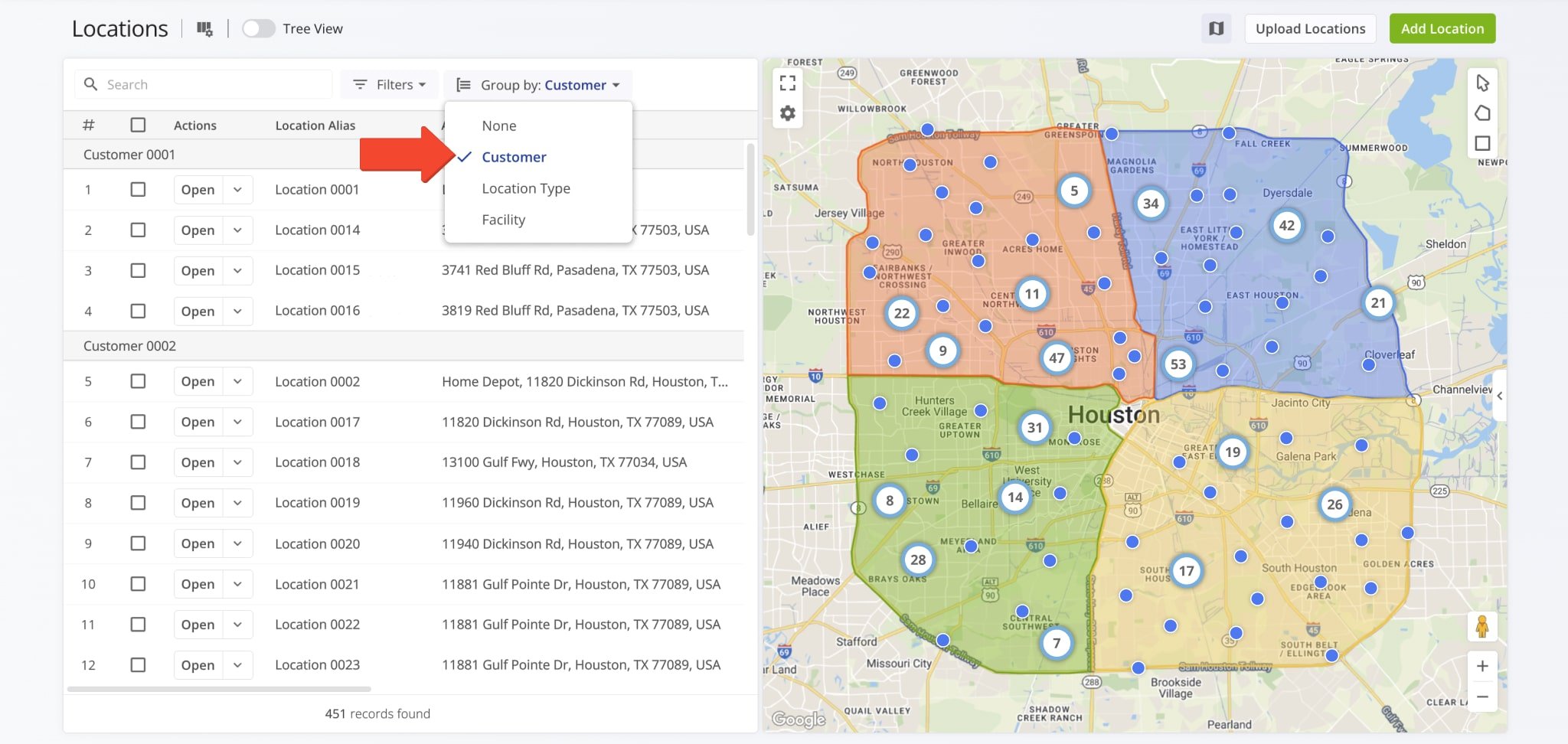 When you group Locations by Customer Name, the list will automatically sort all locations into groups according to the customers they