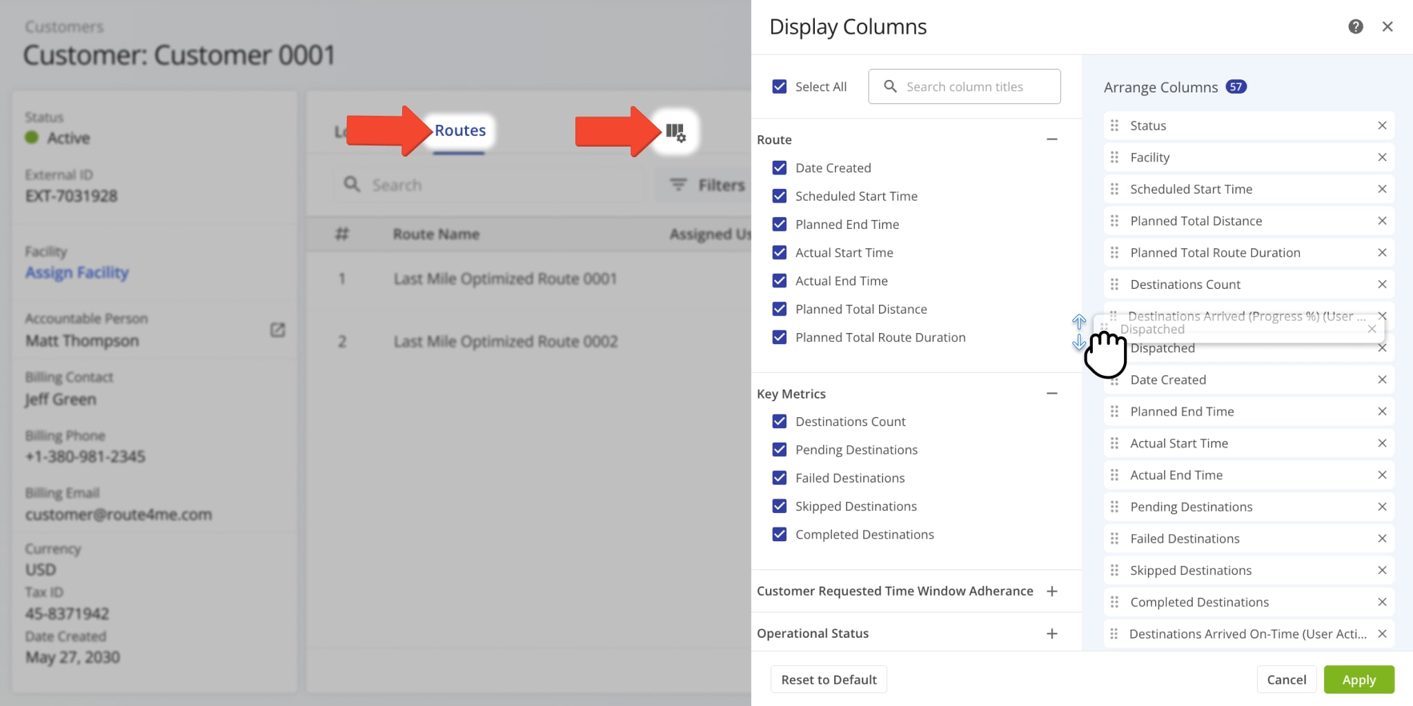 Customize routes data by selecting columns to display.