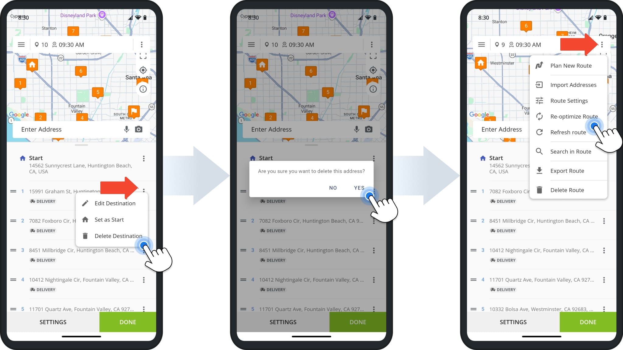 To remove a destination, tap