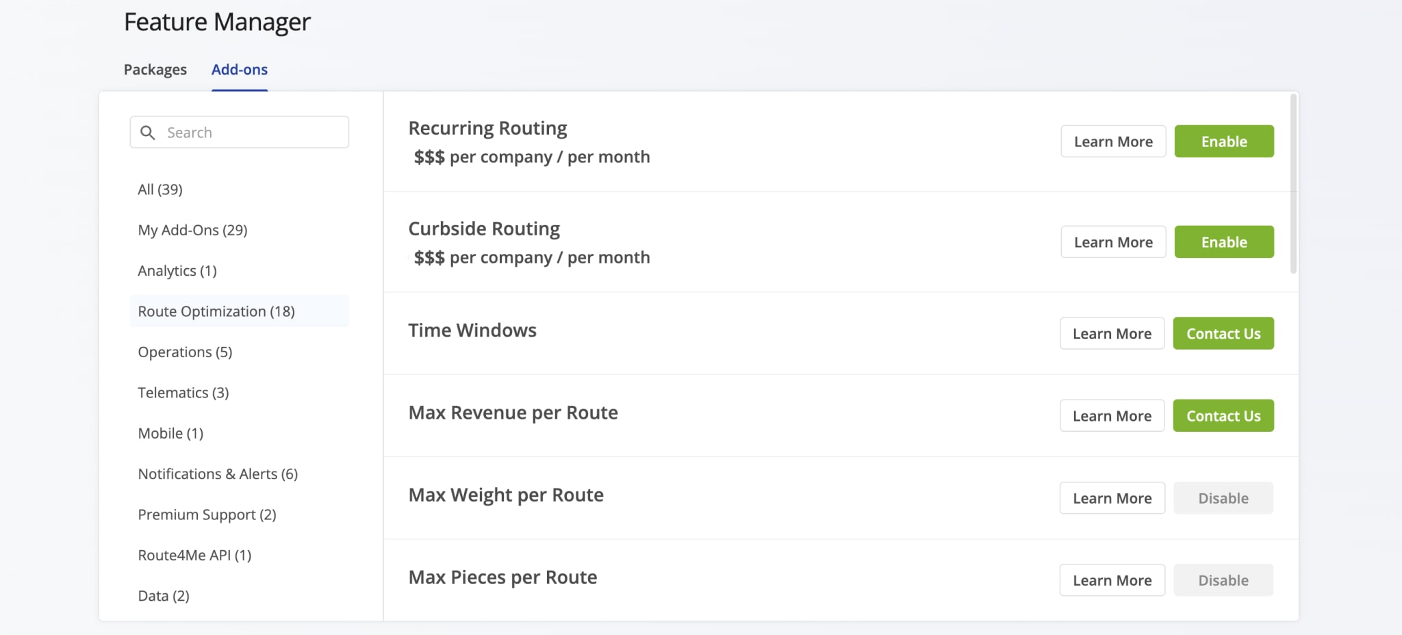 Route4Me Feature Manager and Marketplace: Customize last mile route optimization software solution with add-ons, modules, and custom configurations.