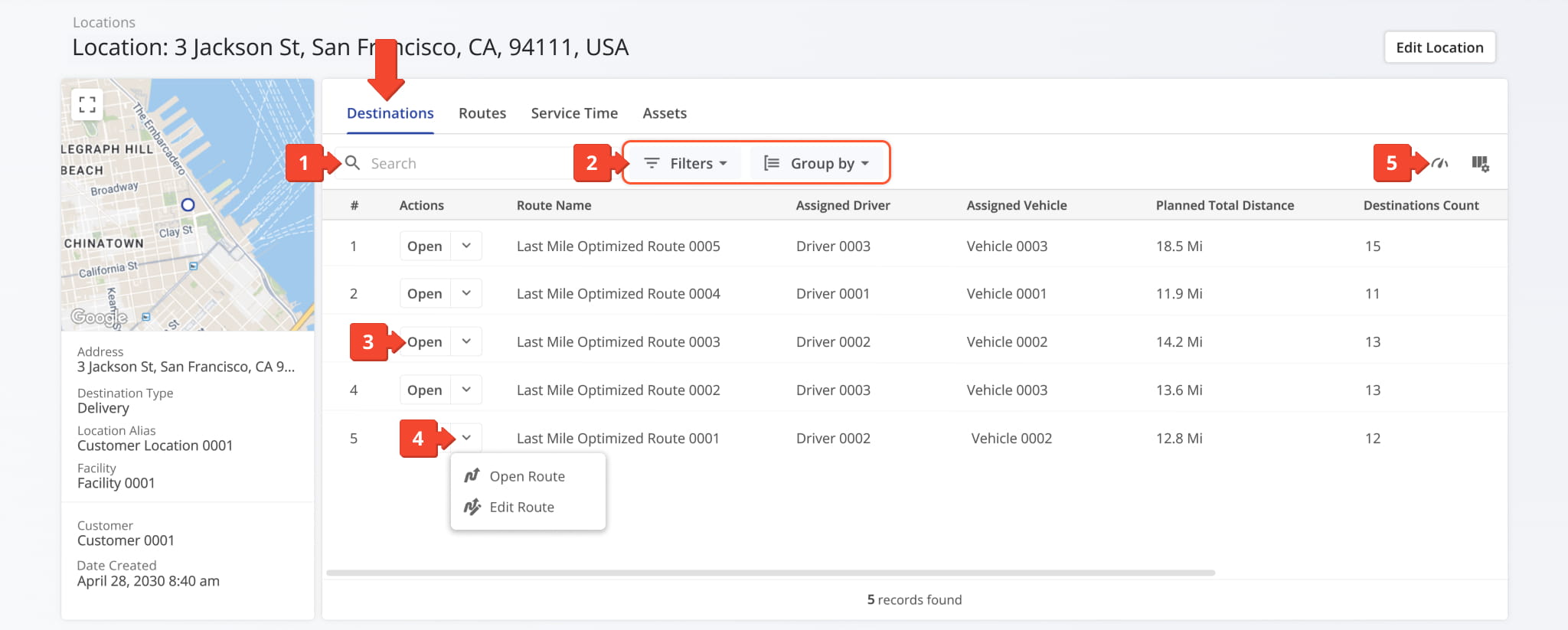From the Routes tab, you can view all route-related data associated with the location.