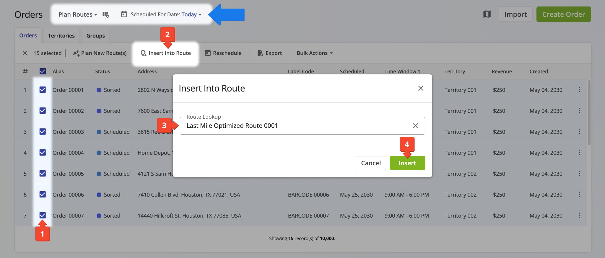 Inserting multiple orders into a specific route is just as easy as adding a single order.