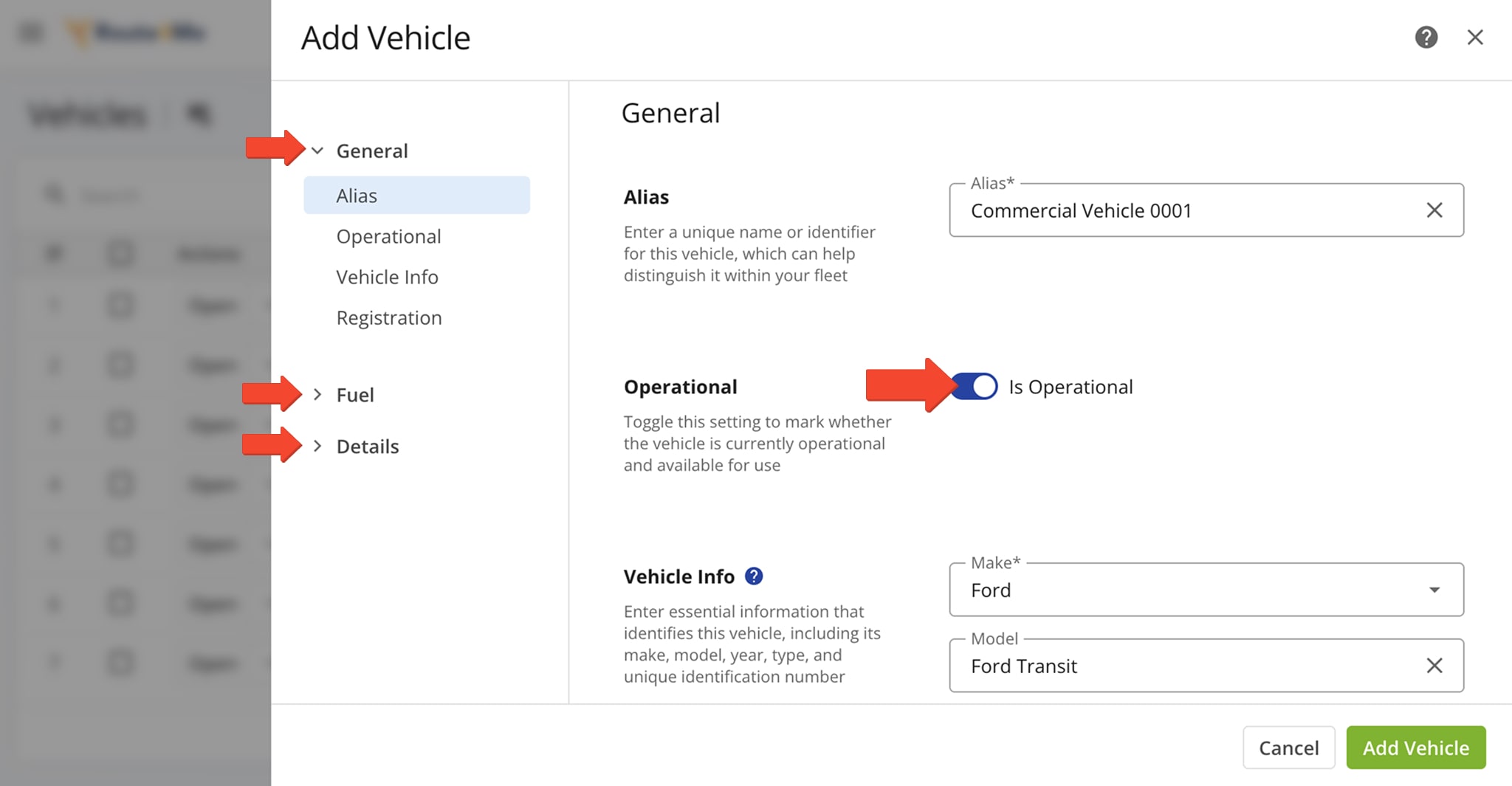 When setting up a Commercial Vehicle Profile, whether for a new or existing vehicle, start by completing its general profile and ensuring the status is set to Is Operational.