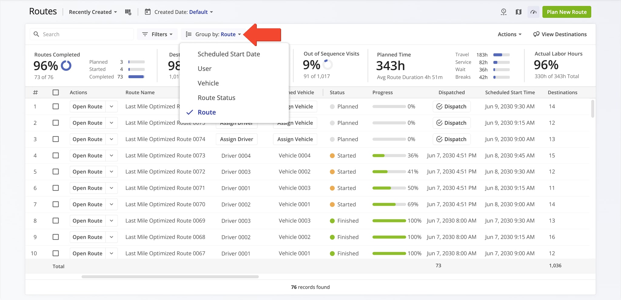 Your filtered Routes List can be refined further by grouping routes according to shared attributes or details. Group routes by driver, vehicle, scheduled start date, and route status.