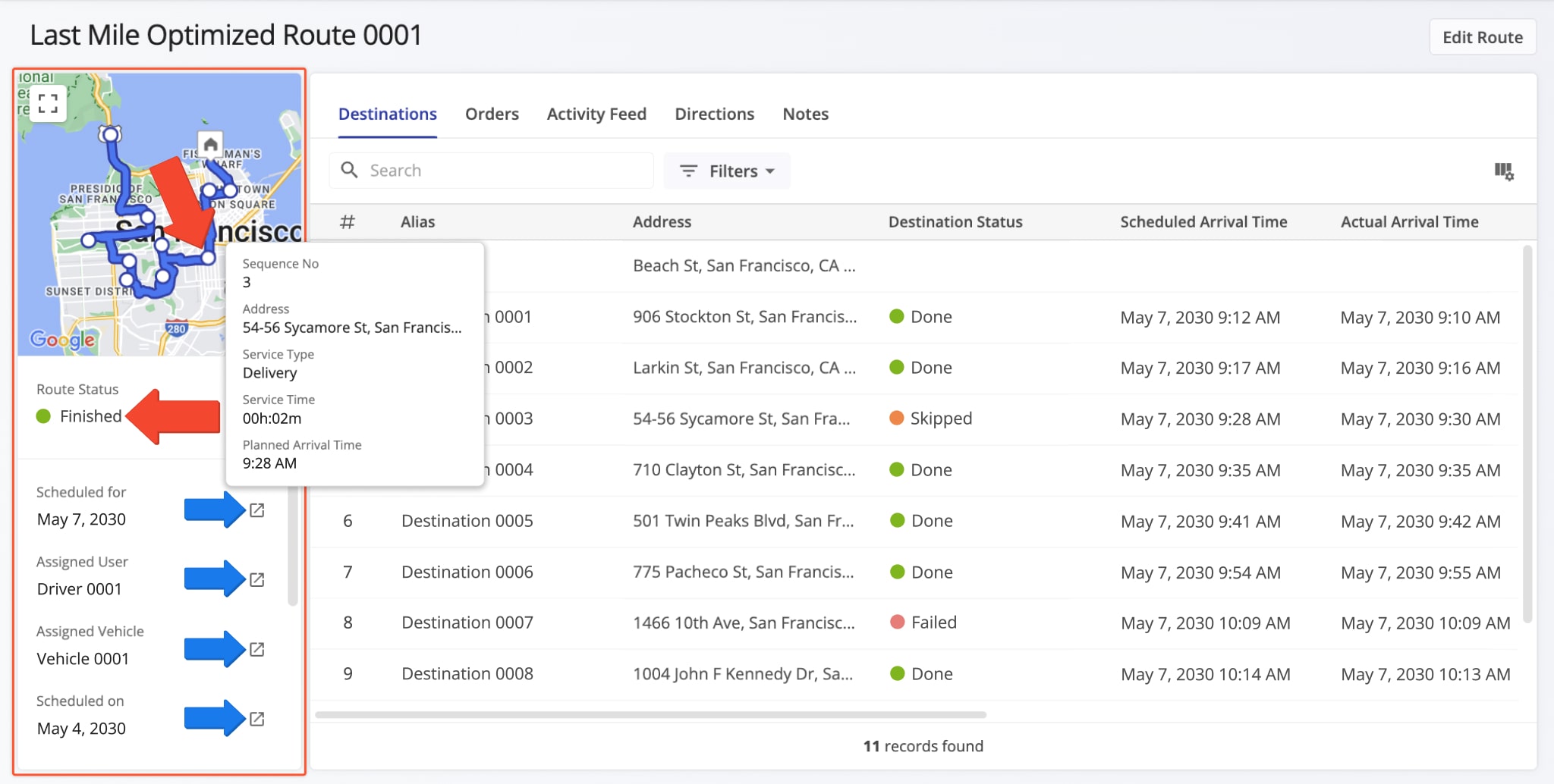 The route summary panel on the Route Snapshot shows a real-time map of the route, its critical information, and more.