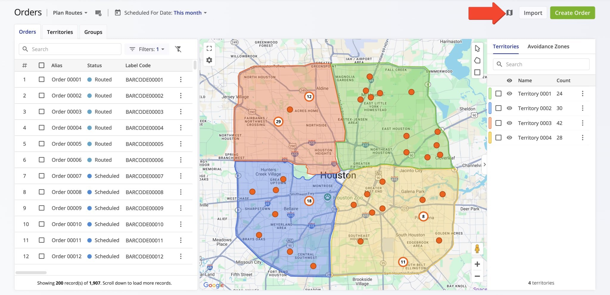 All orders added to your Route4Me account are automatically shown on the map according to your filters and preferences.
