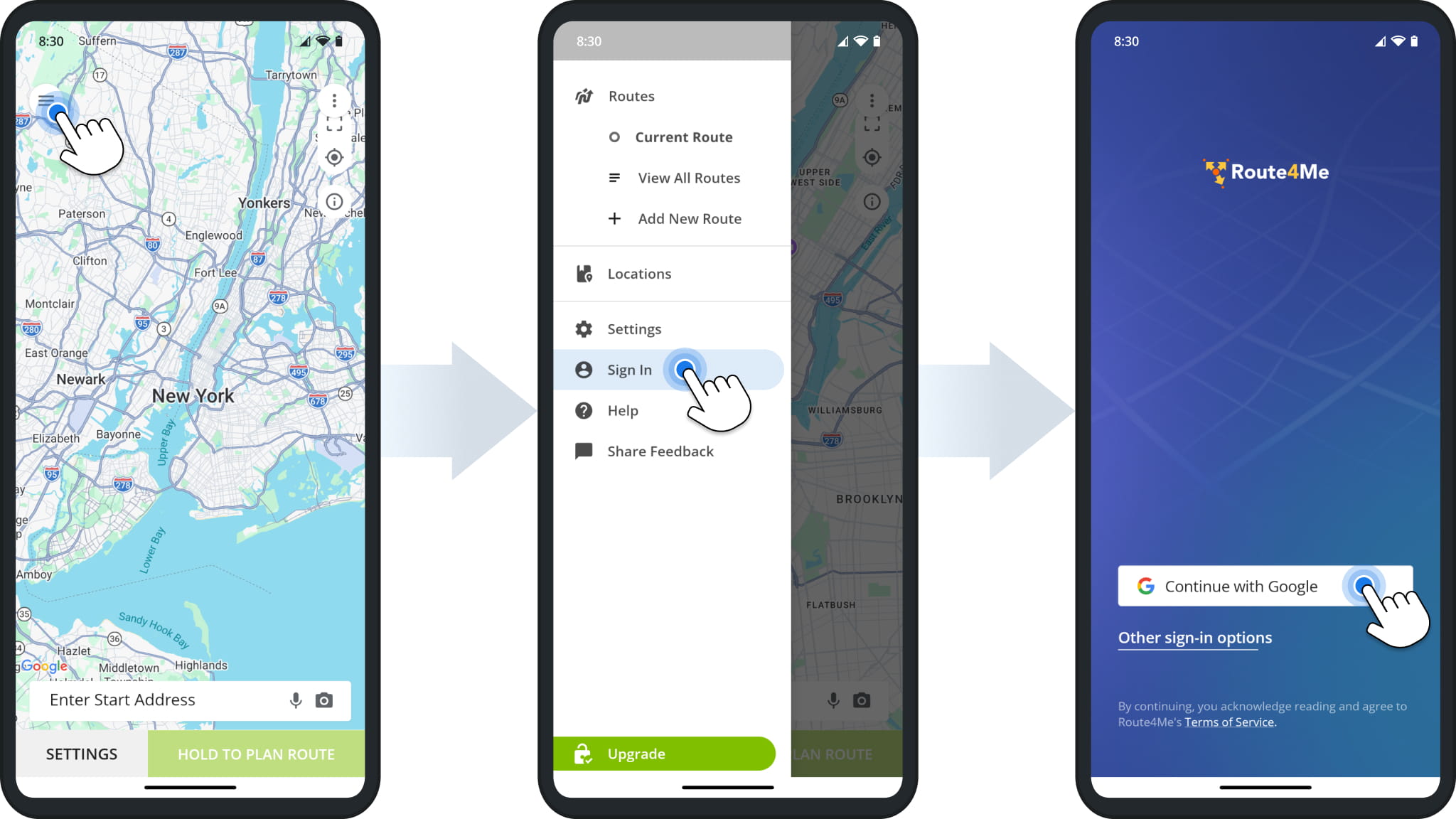 Sign up for a free Route4Me Android trial, create an account, or use SSO to get started.
