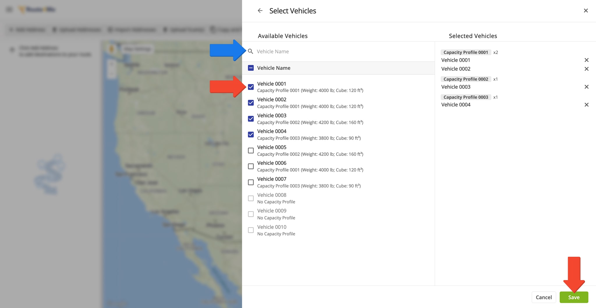 Whether you're using Optimization Profiles or manual optimization settings, you can easily assign vehicles for Mixed Fleet Routing.