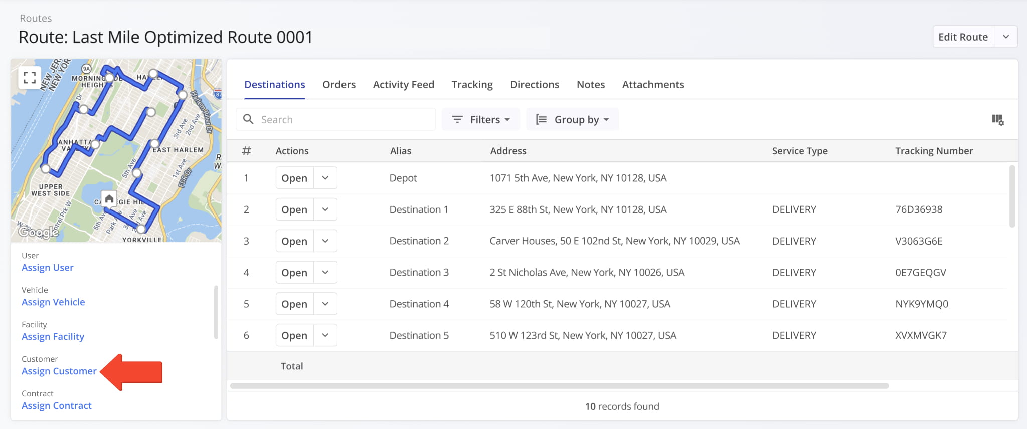 A new Assign Customer button was added to the summary panel on the left in open Route Snapshots.