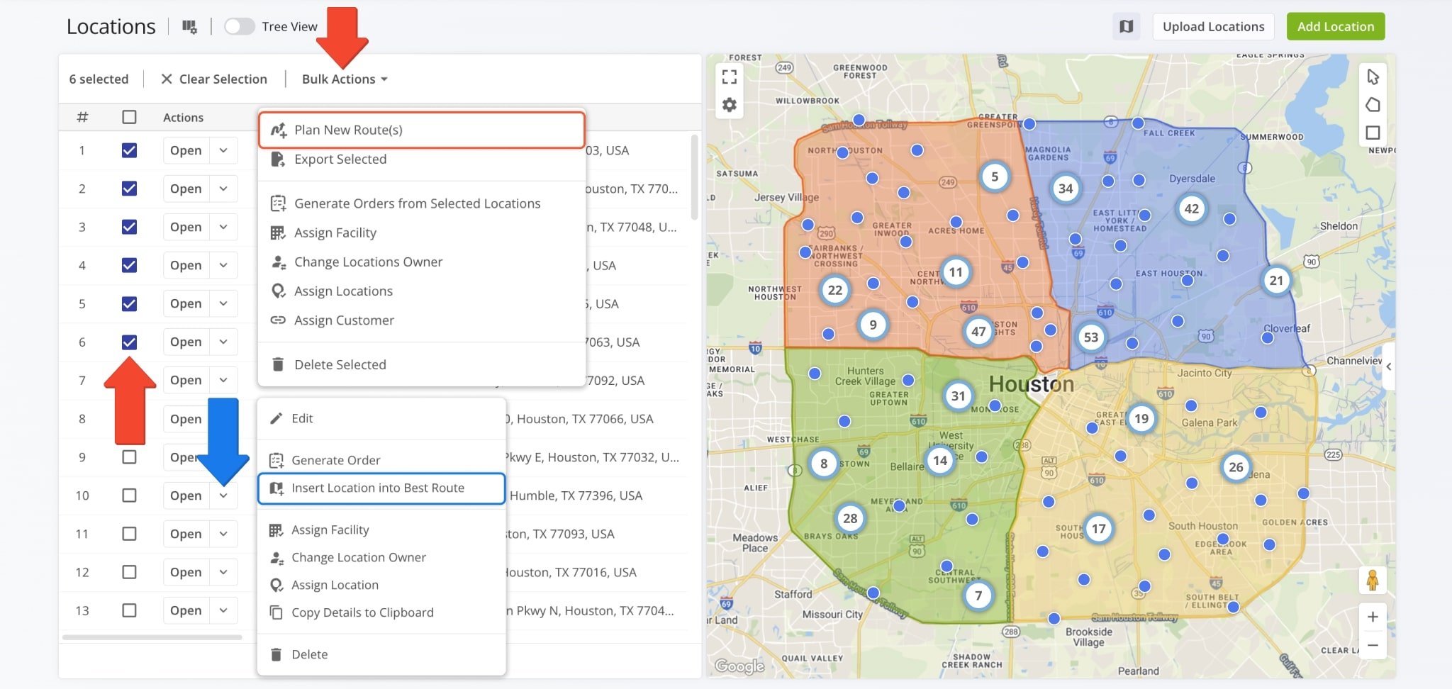 To plan routes with Customer Locations, check all of the addresses you want to include in the route. You can also insert Locations into already planned routes.
