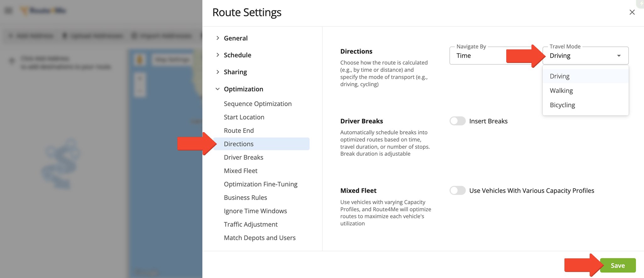 Under Optimization settings in the Route Planner, you'll find a selection of travel modes to choose from.