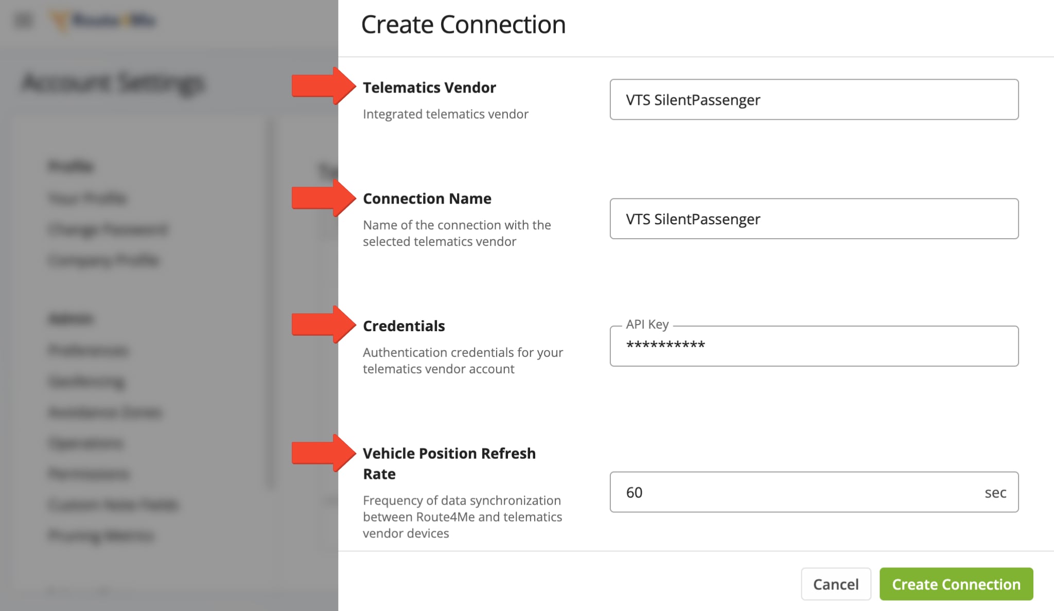 Add a connection by selecting your telematics vendor, entering a connection name, and setting the Vehicle Position Refresh Rate in the pop-up window.