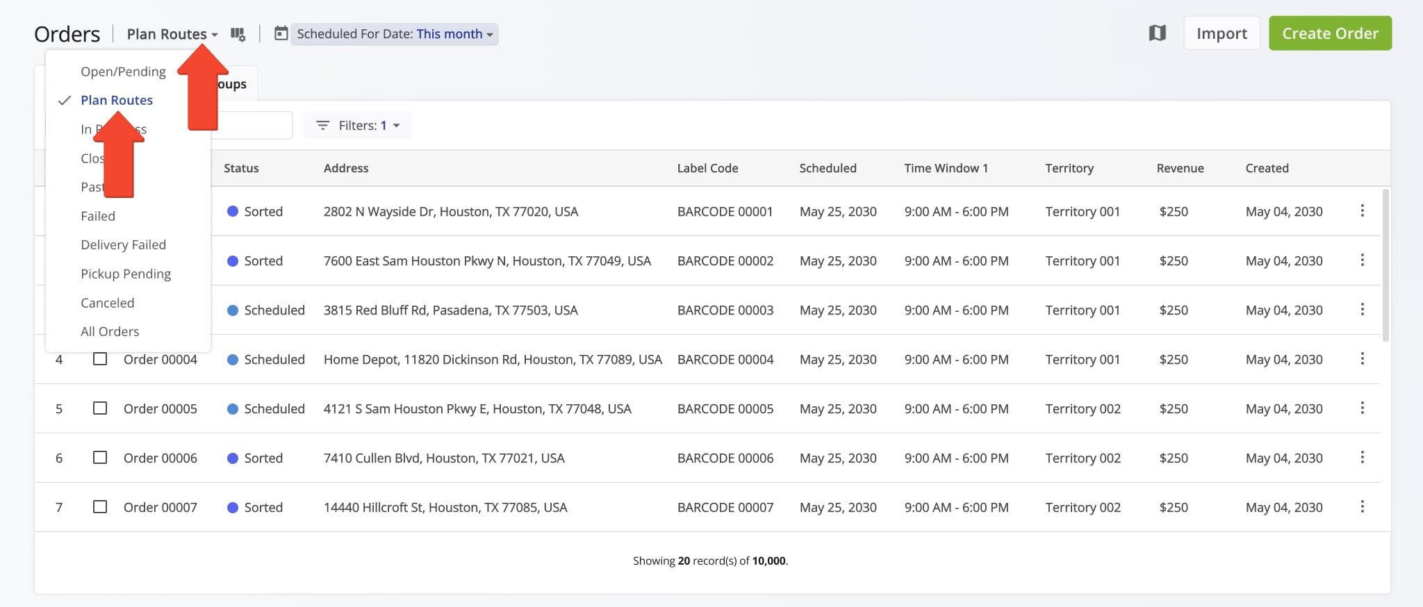 The Plan Routes View Mode shows orders ready for route planning.
