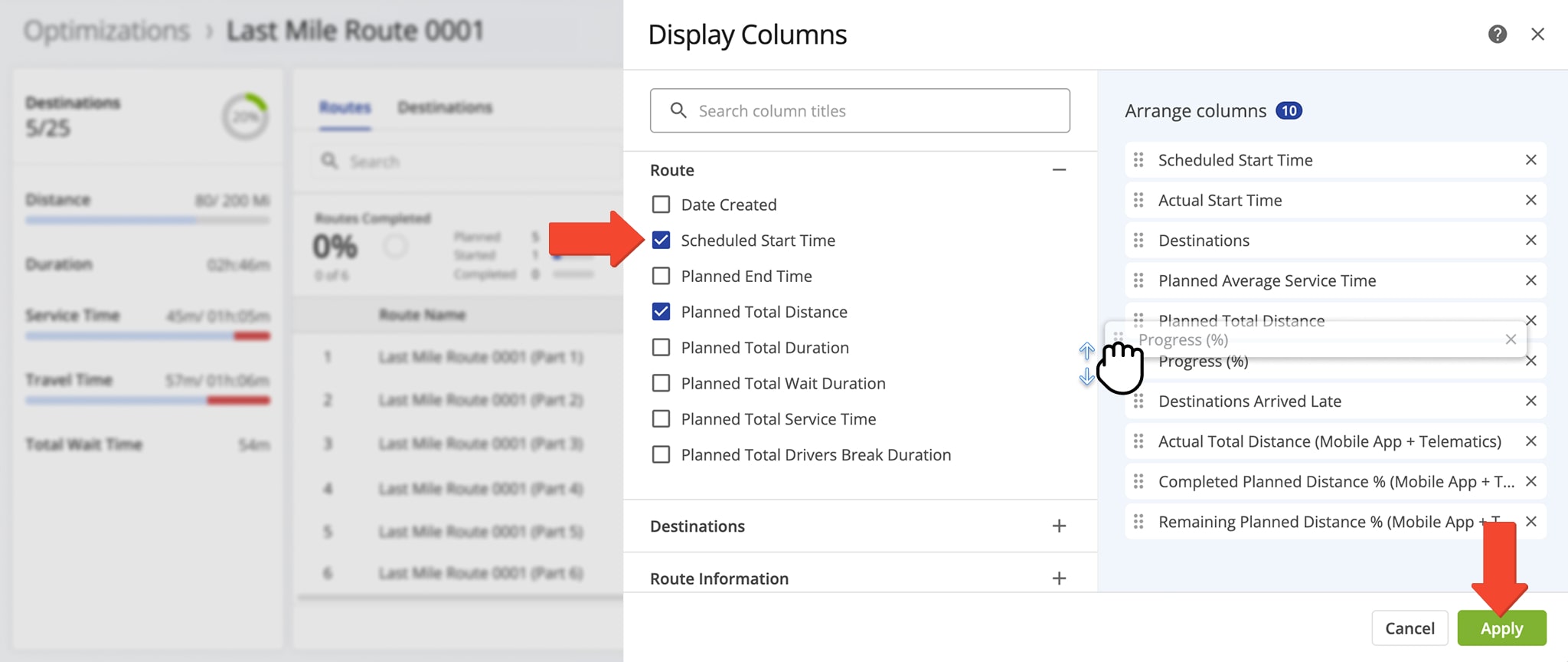 Select and arrange Snapshot columns by checking boxes and using drag-and-drop to customize their order.