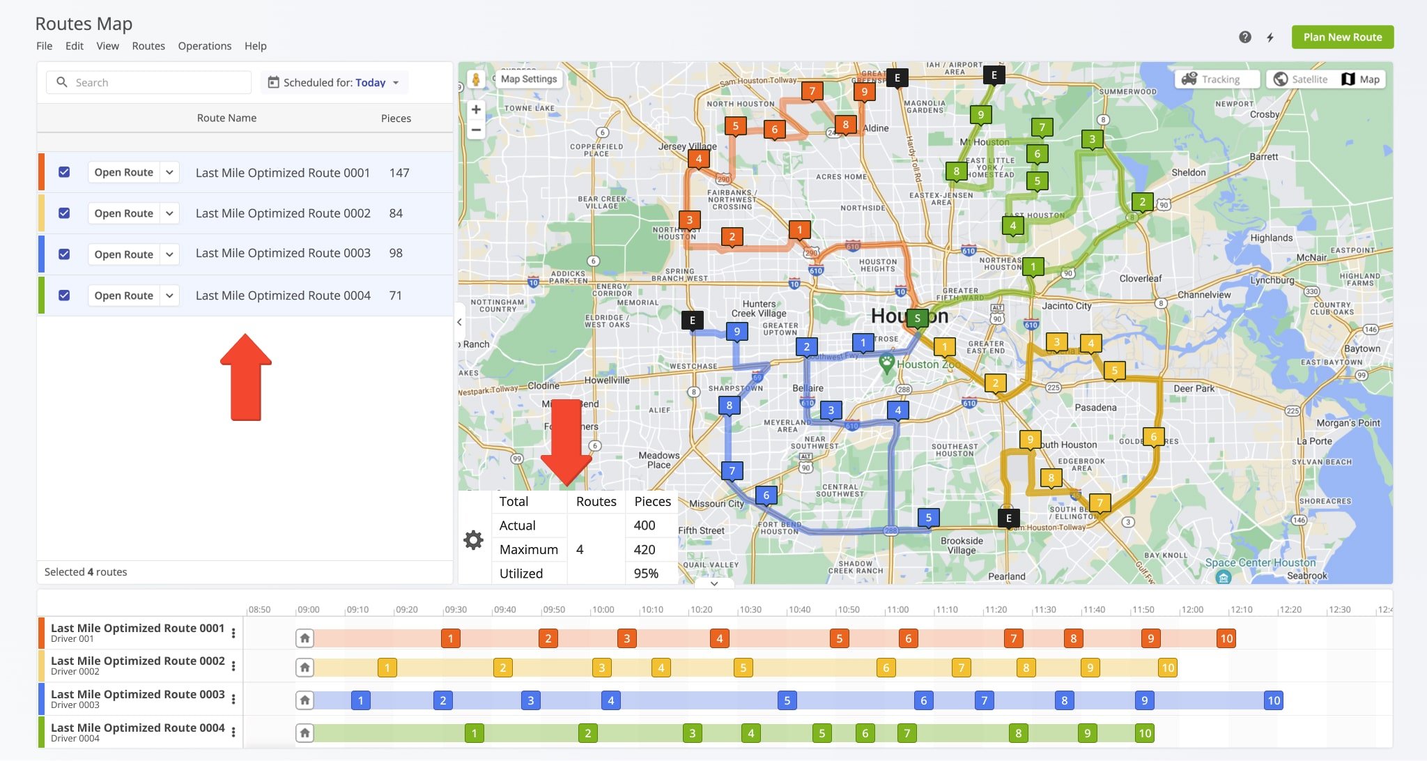 The Routes Maps enables you to view how addresses were distributed across your vehicles. The Route Summary Table shows the total capacities of the selected vehicles and capacity utilization.