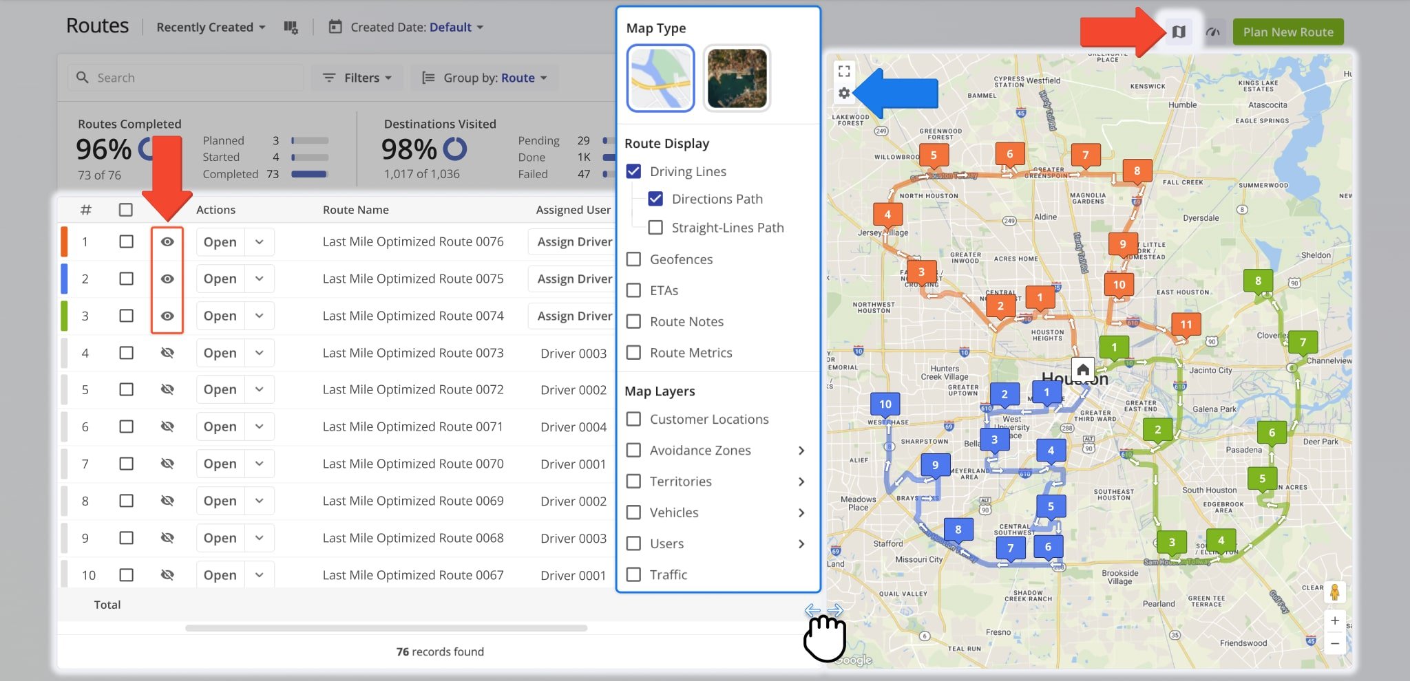 The Routes Page enables you to view routes on a dynamic map, similar to the Routes Map interface.