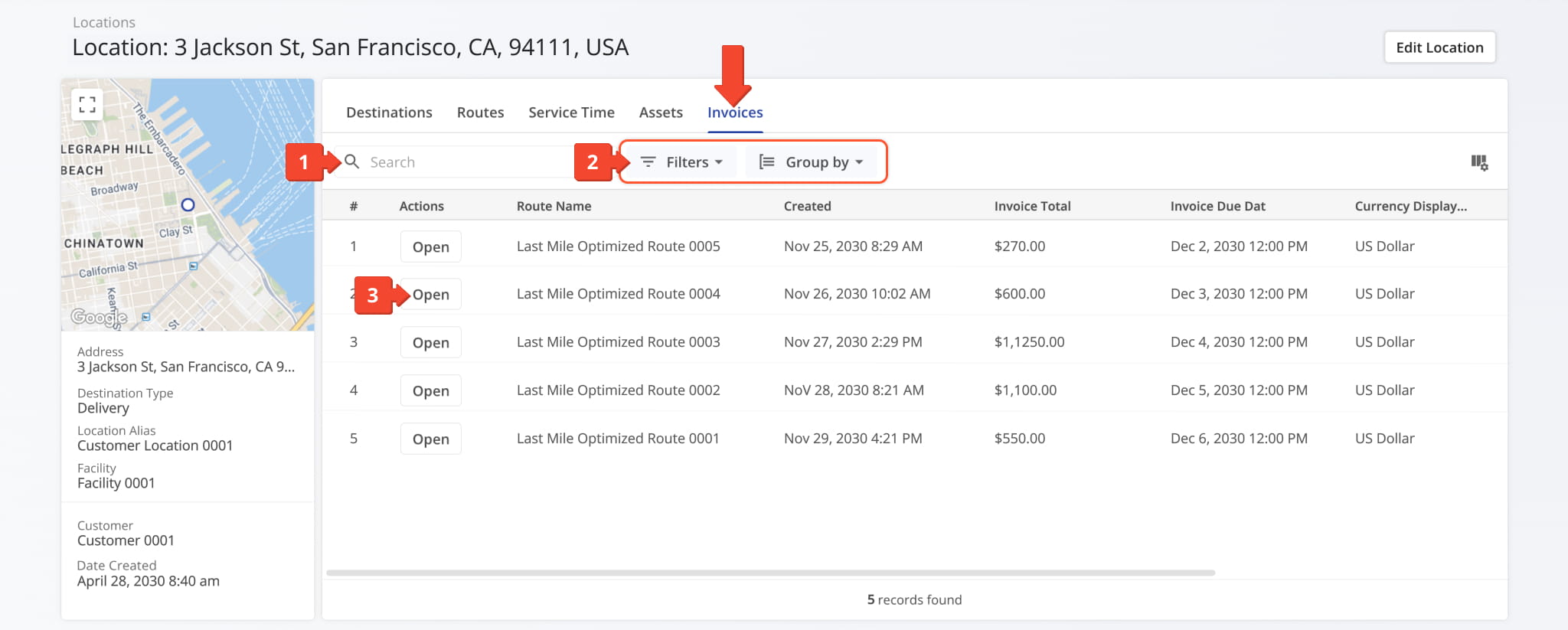View invoice data associated with a location.
