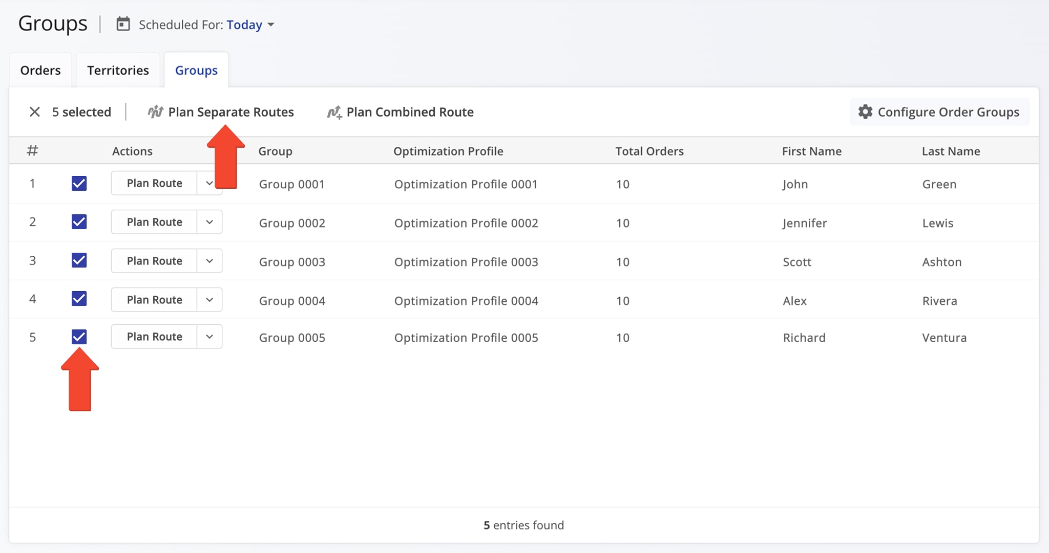 Planning separate routes with orders within each selected Orders Group.