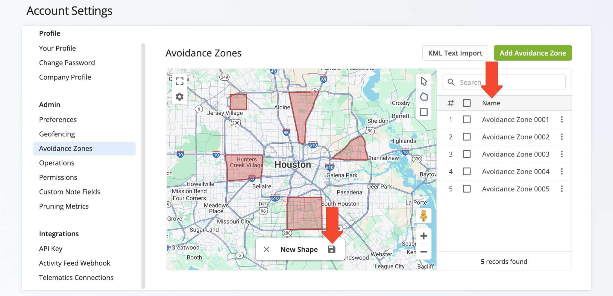 Manage Avoidance Zones by using the 'New Shape' button to erase or save, name the Zone, and view saved Zones in a list beside the map.