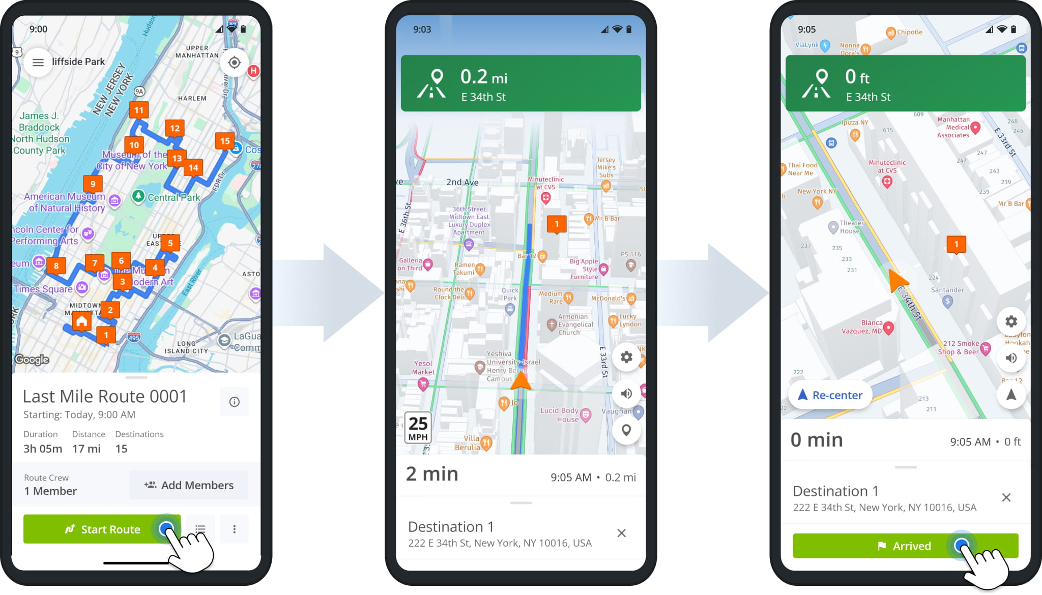 With Single Destination Navigation, you can follow the usual process of starting, navigation, and completing routes with the Route4Me App.