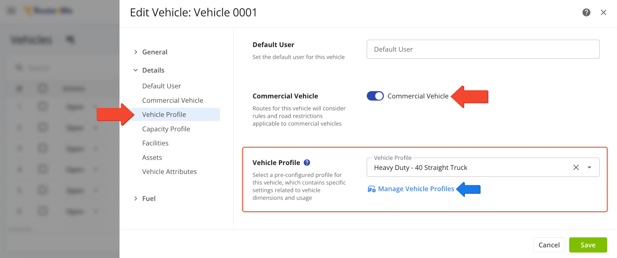 Preconfigure a vehicle profile with specific settings related to vehicle dimensions and usage.