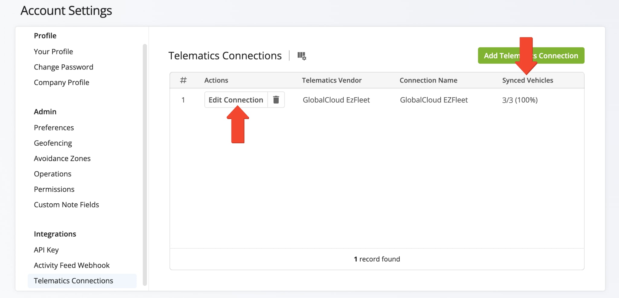 Manage an EZ Fleet telematics connection on the Telematics Connections page, with options to edit or delete the connection.