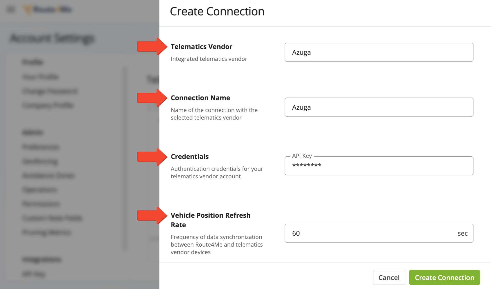 Add a connection by selecting Azuga from the Telematics Vendor dropdown, entering a connection name, and setting the Vehicle Position Refresh Rate in the pop-up window.