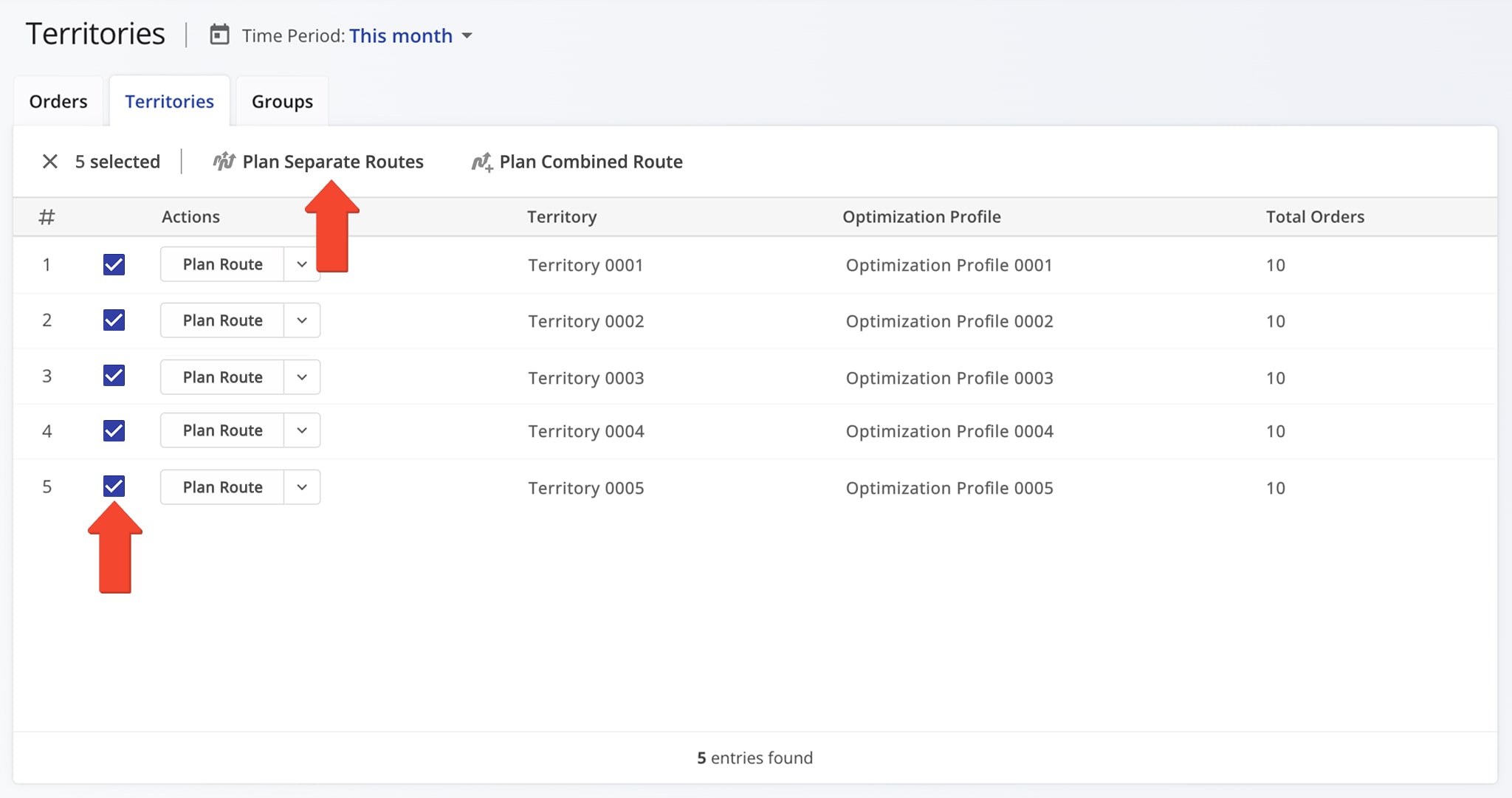 Plan separate routes with orders in each selected order territory.