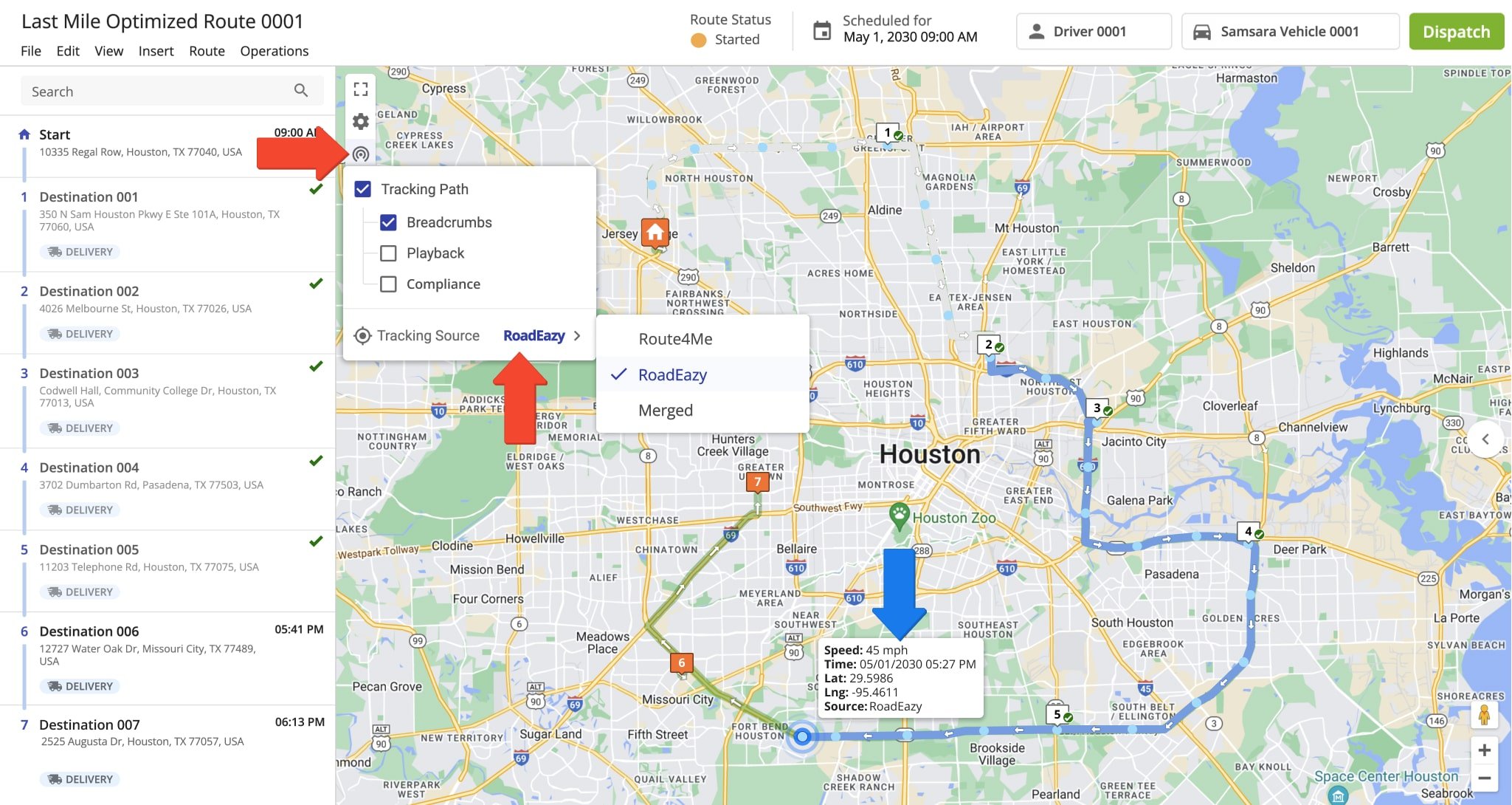 Roadeazy processes vehicle data and shares it with Route4Me for real-time tracking and metrics. 